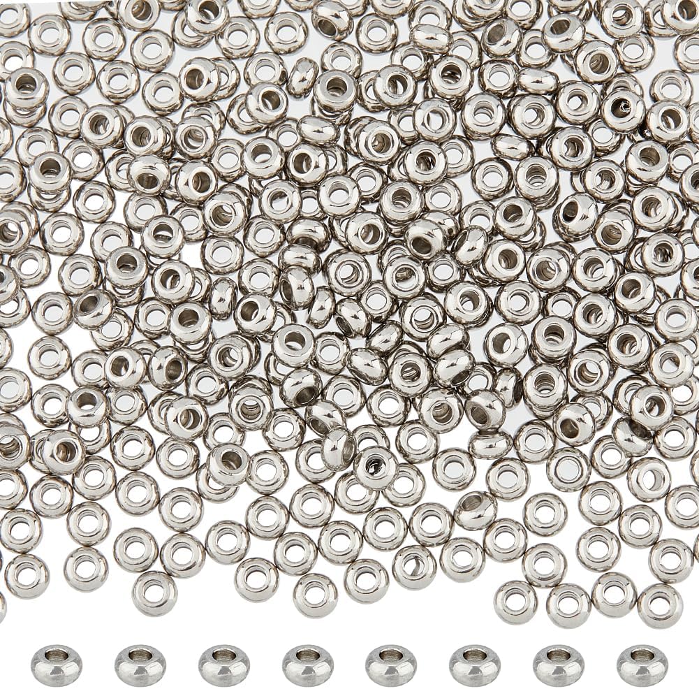 DICOSMETIC 500pcs Flat Round Spacer Beads 3mm Seamless Loose Bead Stainless Steel Rondelle Bead European Beads Bulk for Bracelet Jewelry Making, Hole: 1.2mm