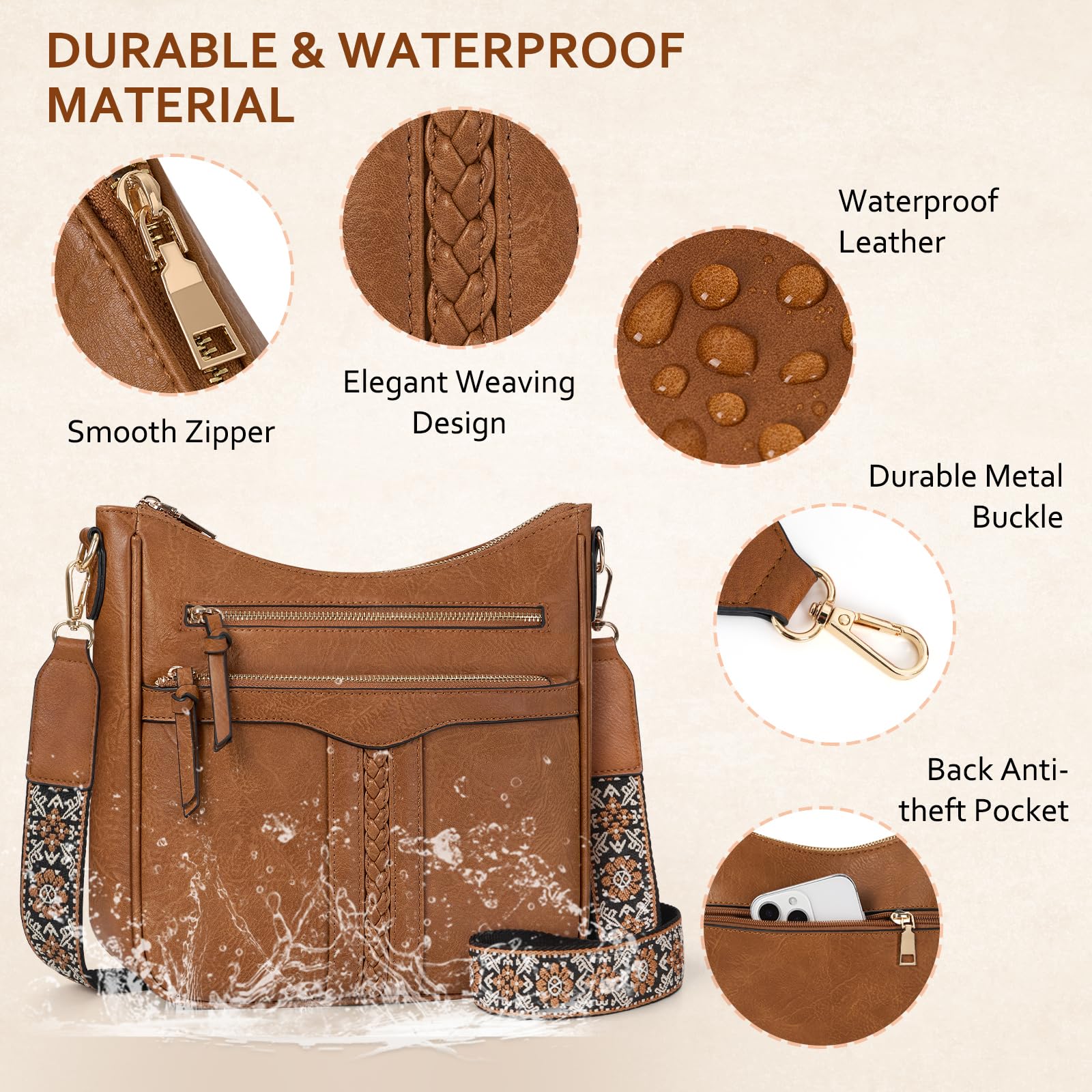 RAINSMORE Sac Bandoulière Femme Cuir PU Sacs Bandoulière avec Bretelle Amovible et Réglable Sacoche Femme Bandoulière avec Multi-poches