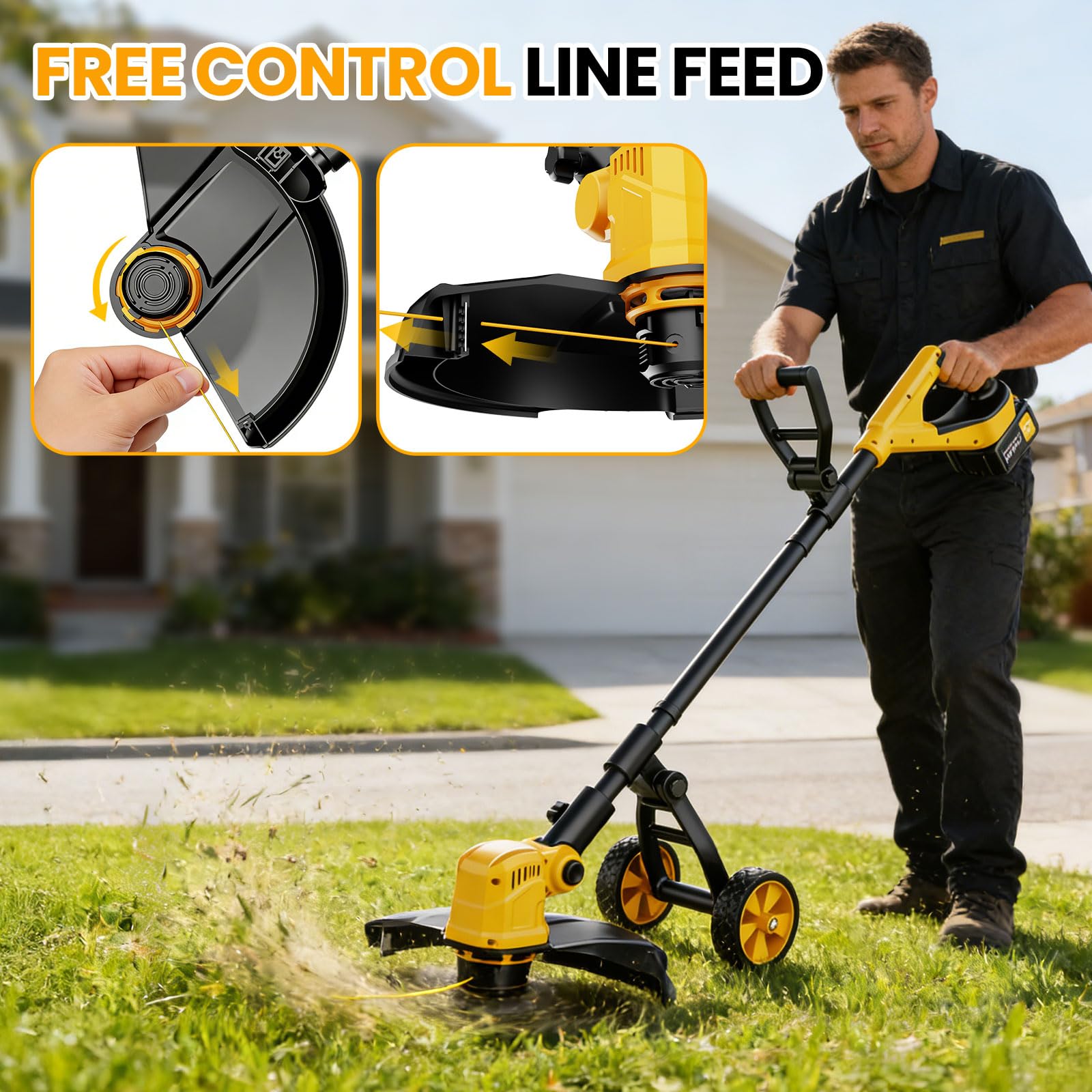 Debrouissalleuses Electrique sans Fil avec Roue, 36CM Coupe Bordures à 2×3,0 Ah Batterie et Chargeur, 800W Moteur sans Brosse,Débroussailleuse à Batterie avec 8 bobines pour Jardin et Pelouses