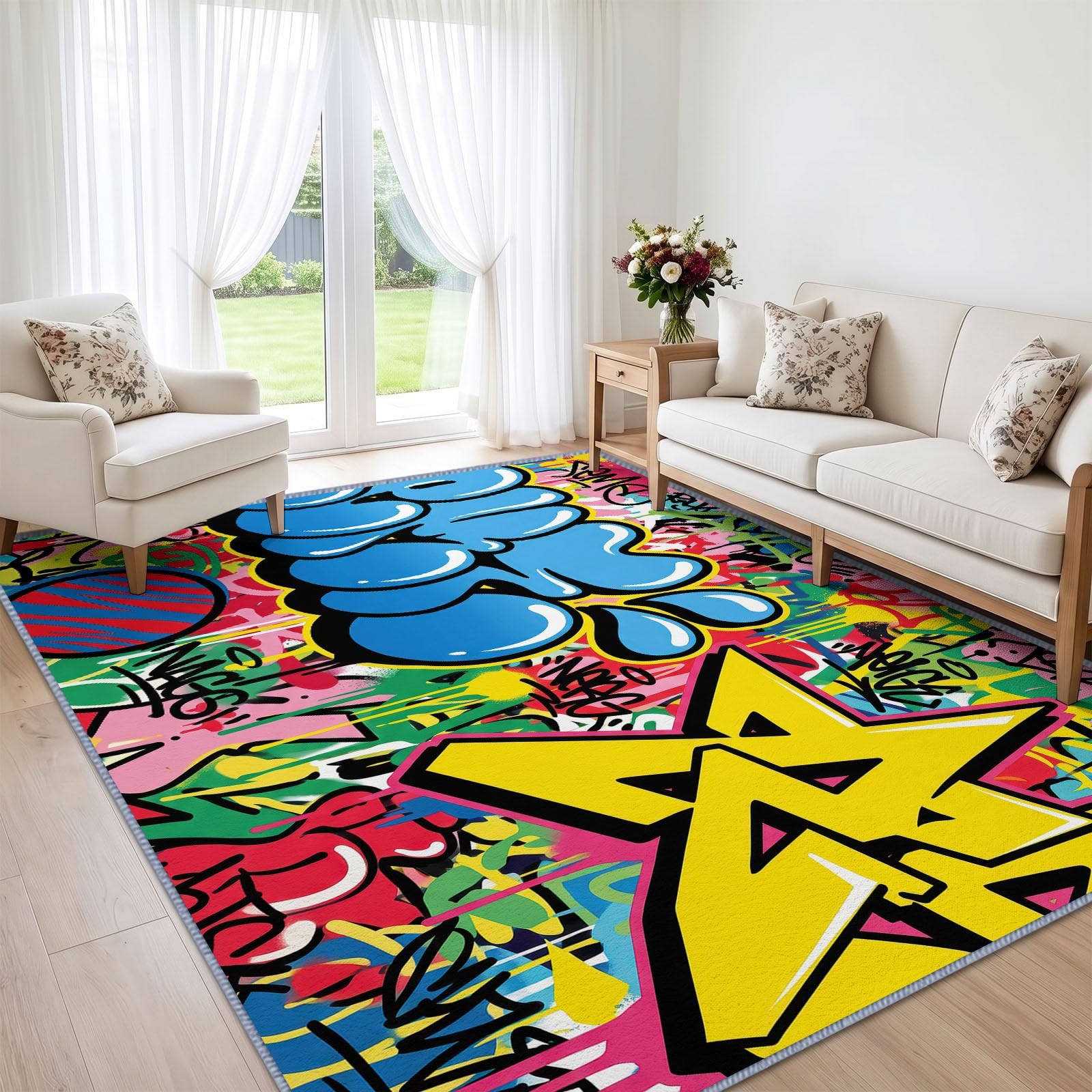 Générique Tapis Lavable Graffiti Lettre 120x170 cm, pour Salon Chambre Cuisine Salle à Manger Bureau Salle de Bain, Pop Art Funky Tapis Poils Courts, Antidérapant