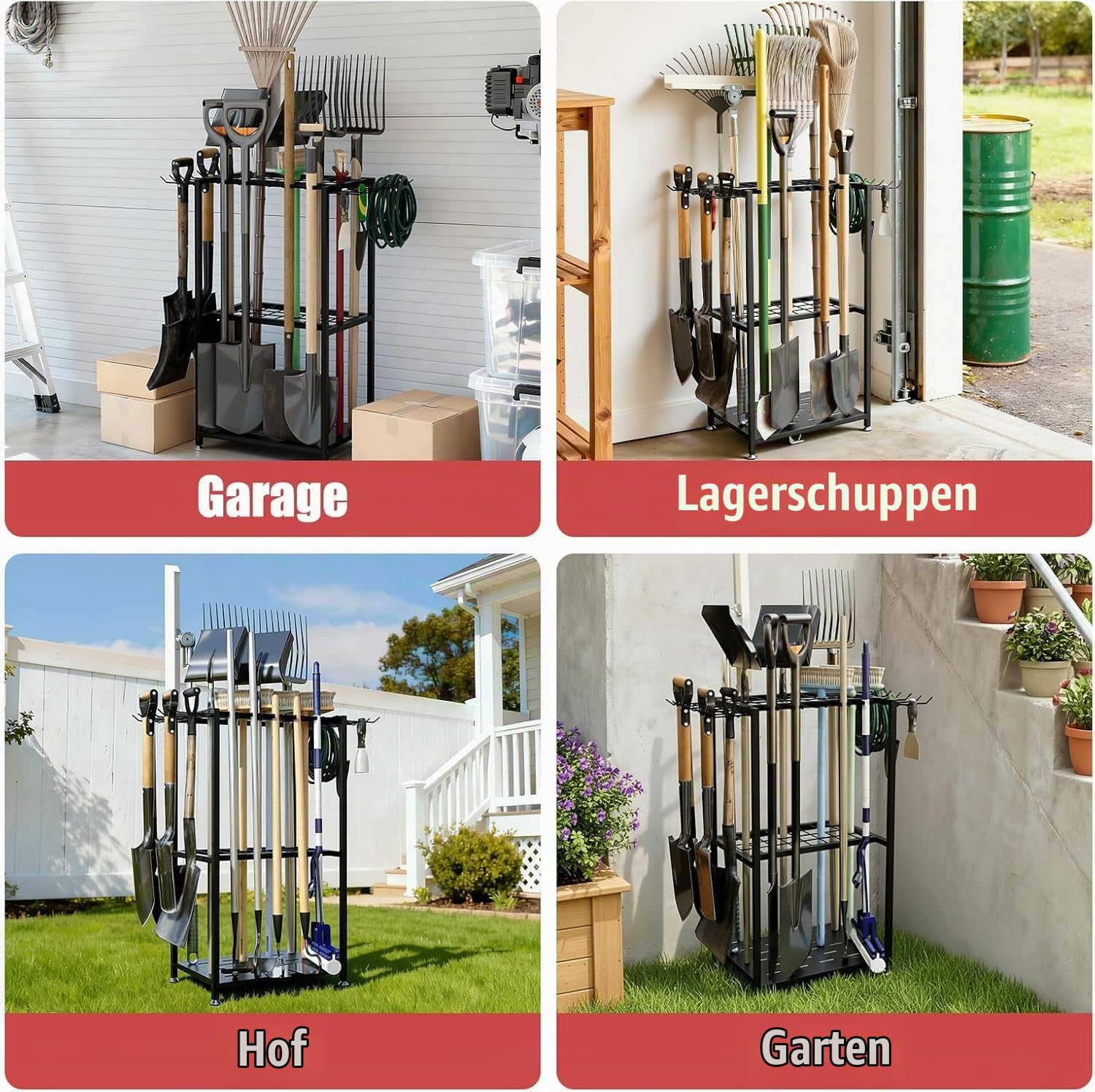Gartengerätehalter Stehend mit 35 Schlitzen & Stahl-Gitterrost – Stabiler Gartengeräte Aufbewahrung Ständer mit Haken, Robustes Stahlregal für Schaufel, Rechen, Besen – Platzsparende Aufbewahrung