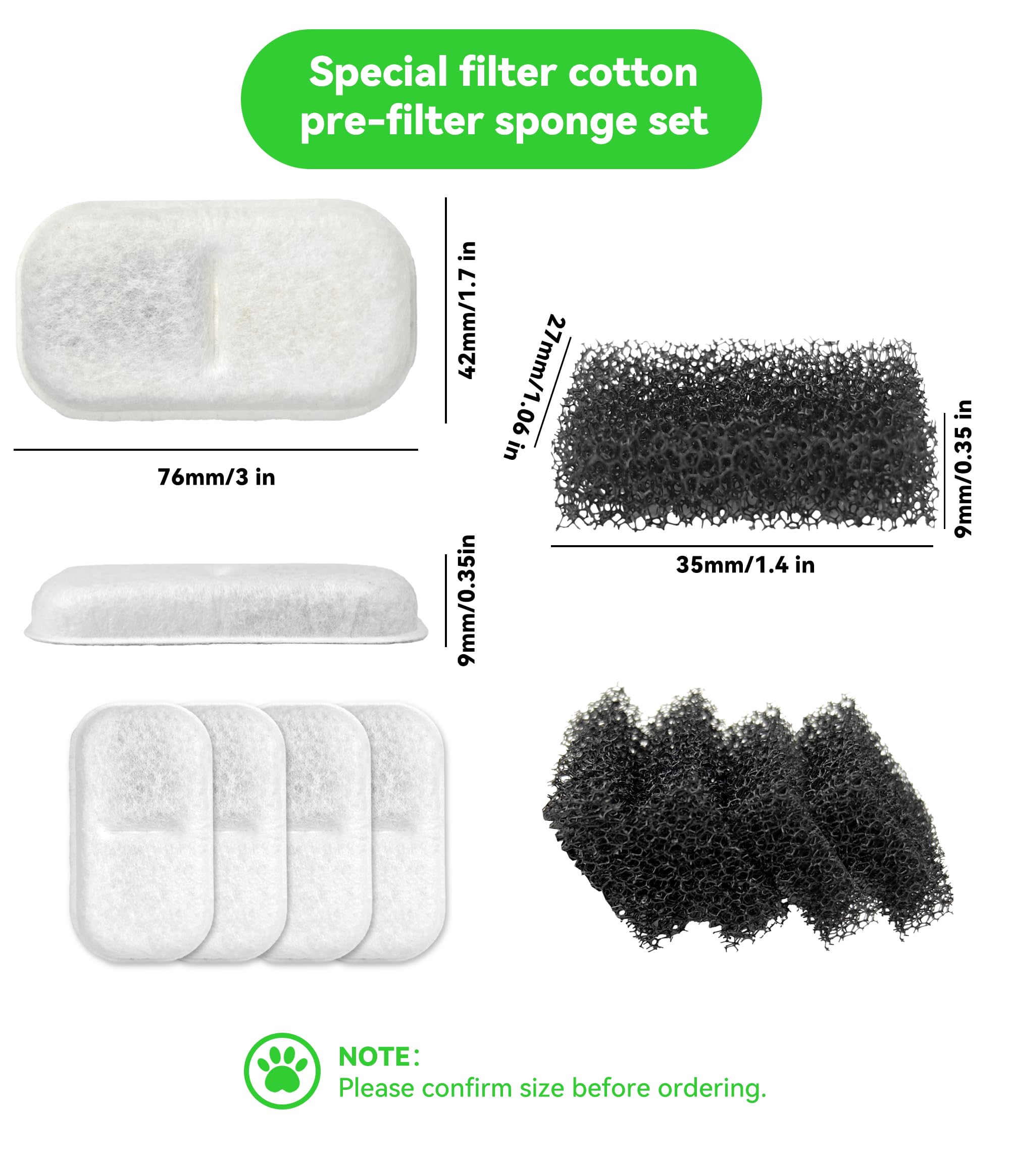 Cat Water Fountain Filter Replacement: 4 Carbon Filters & 4 Foam Sponges Kitty Spout Pump Filters for 108Oz/3.2L & 67Oz/2L Stainless Steel Pet Water Dispenser Cat/Dog - image 2