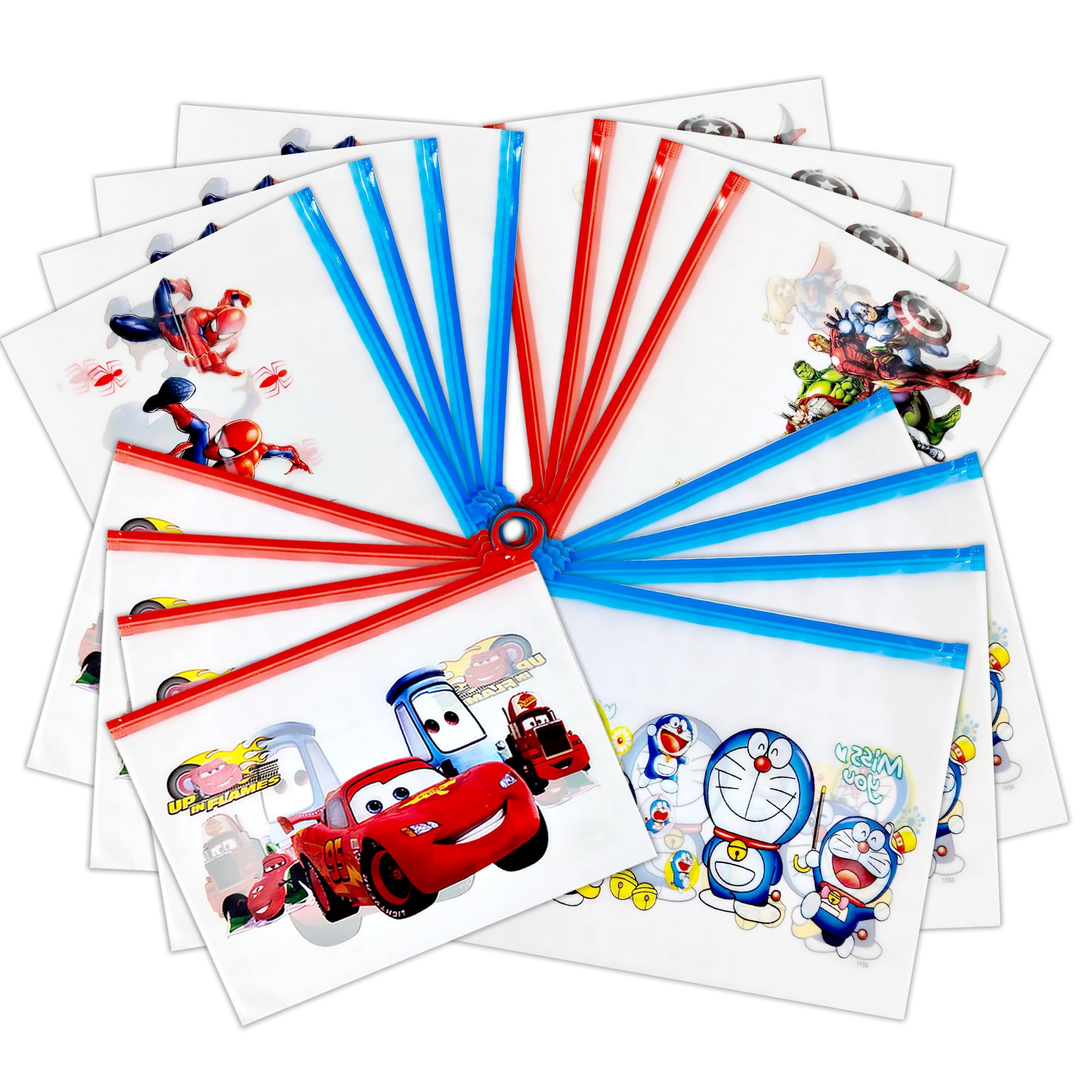 glun GLUN® Multi Cartoon Print Pencil Pouch for Boys, Pack of 16 Cars, Marvel, Spider Man & Doraemon Translucent Printed Stationary Bag Organiser for School, Multi-Purpose Bag-picture-10