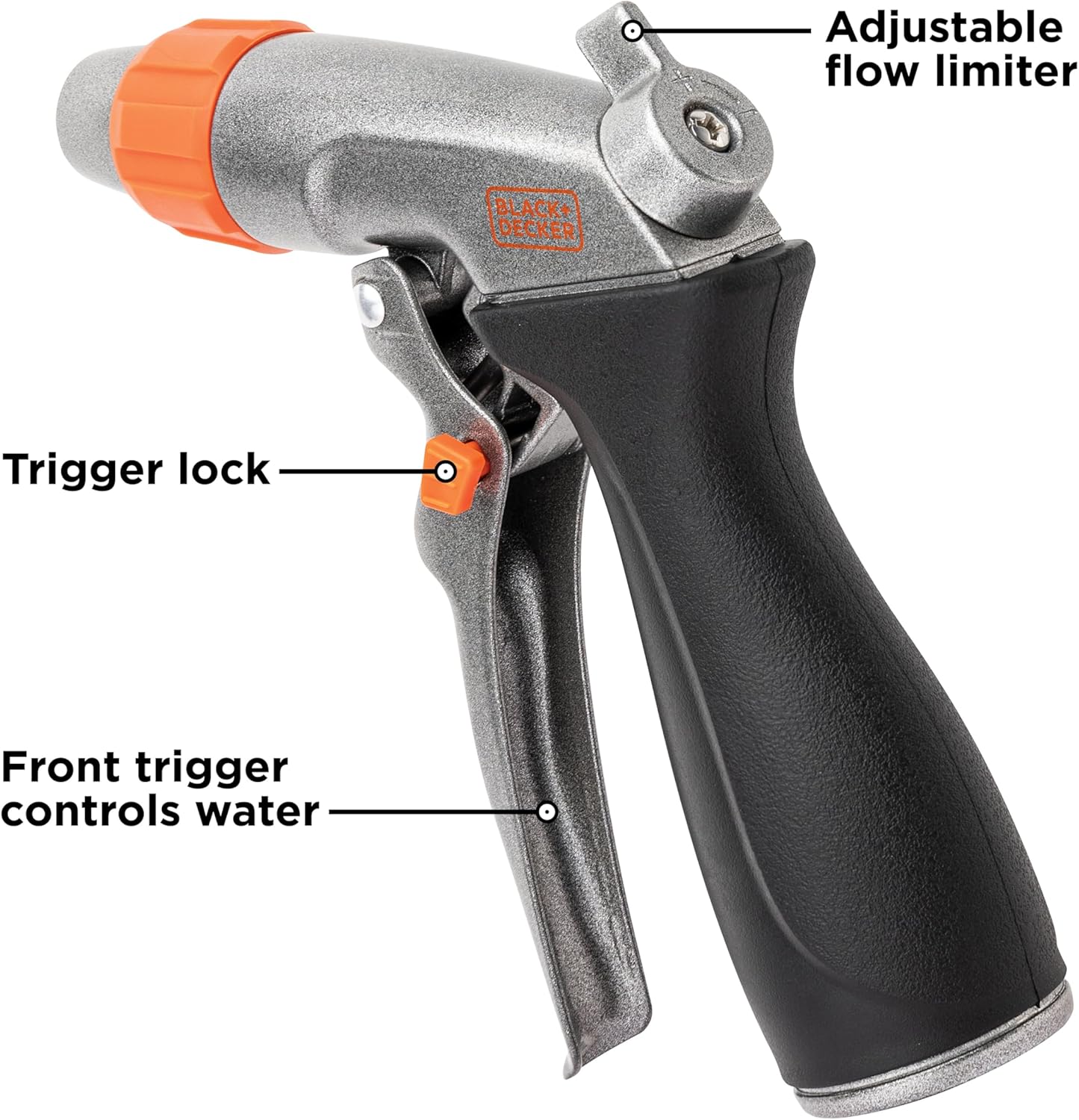 Black + Decker® Adjustable Front Trigger Nozzle – Heavy-Duty, Precision-Control Garden Hose Sprayer BD59380