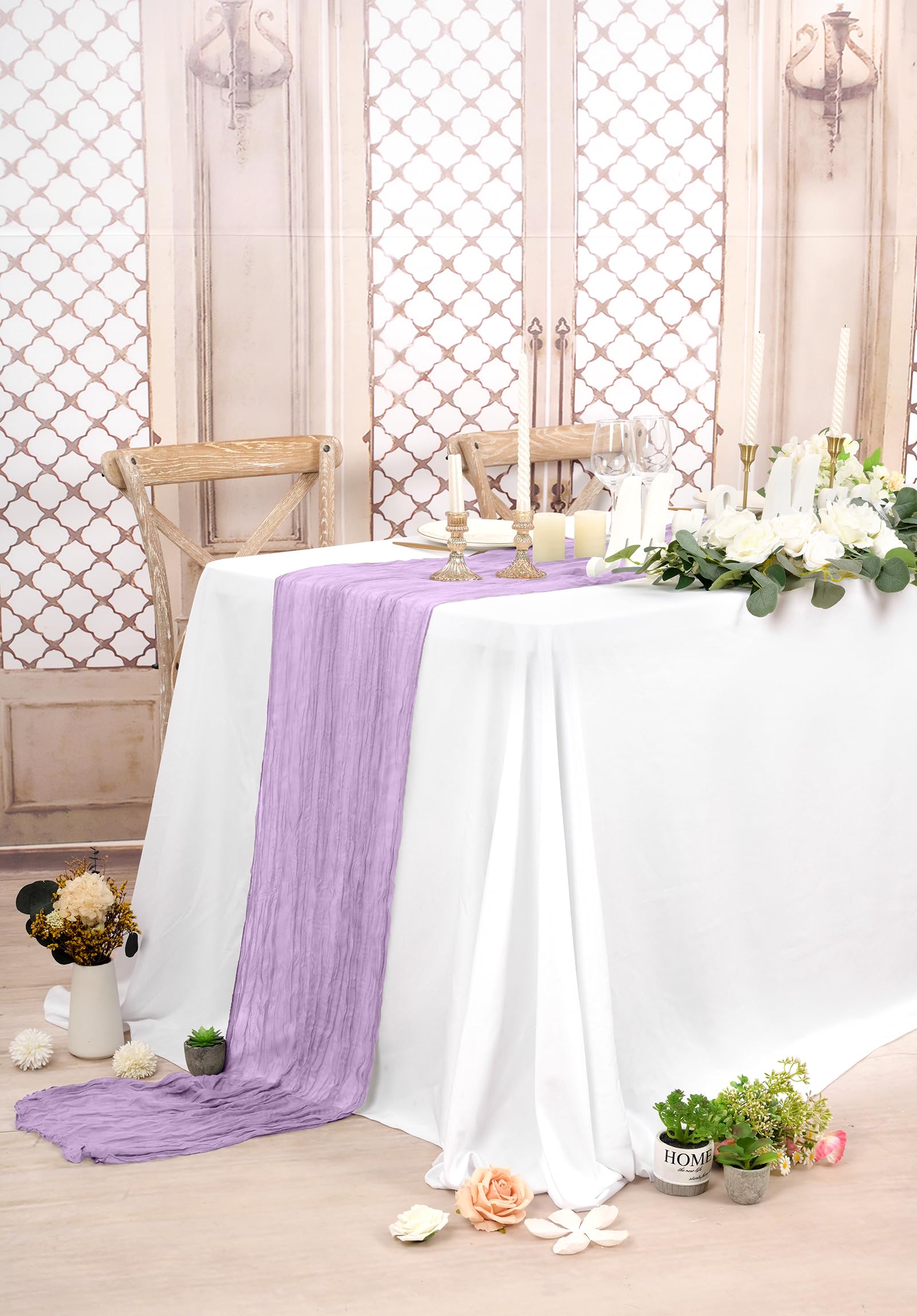 Confezione da 8 runner da tavola in garza da 3 m di lunghezza, colore viola chiaro, stile bohémien, per matrimoni, addio al nubilato, feste, banchetti-55 x 300 cm