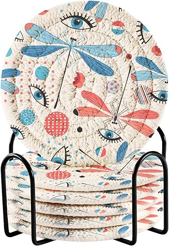 innewgogo Dragonfly Eyes 6 Pcs Absorbent Drink Coasters for Tabletop Protection Handmade Round Woven Coaster with Holder & Heat Water Resistant Bulk
