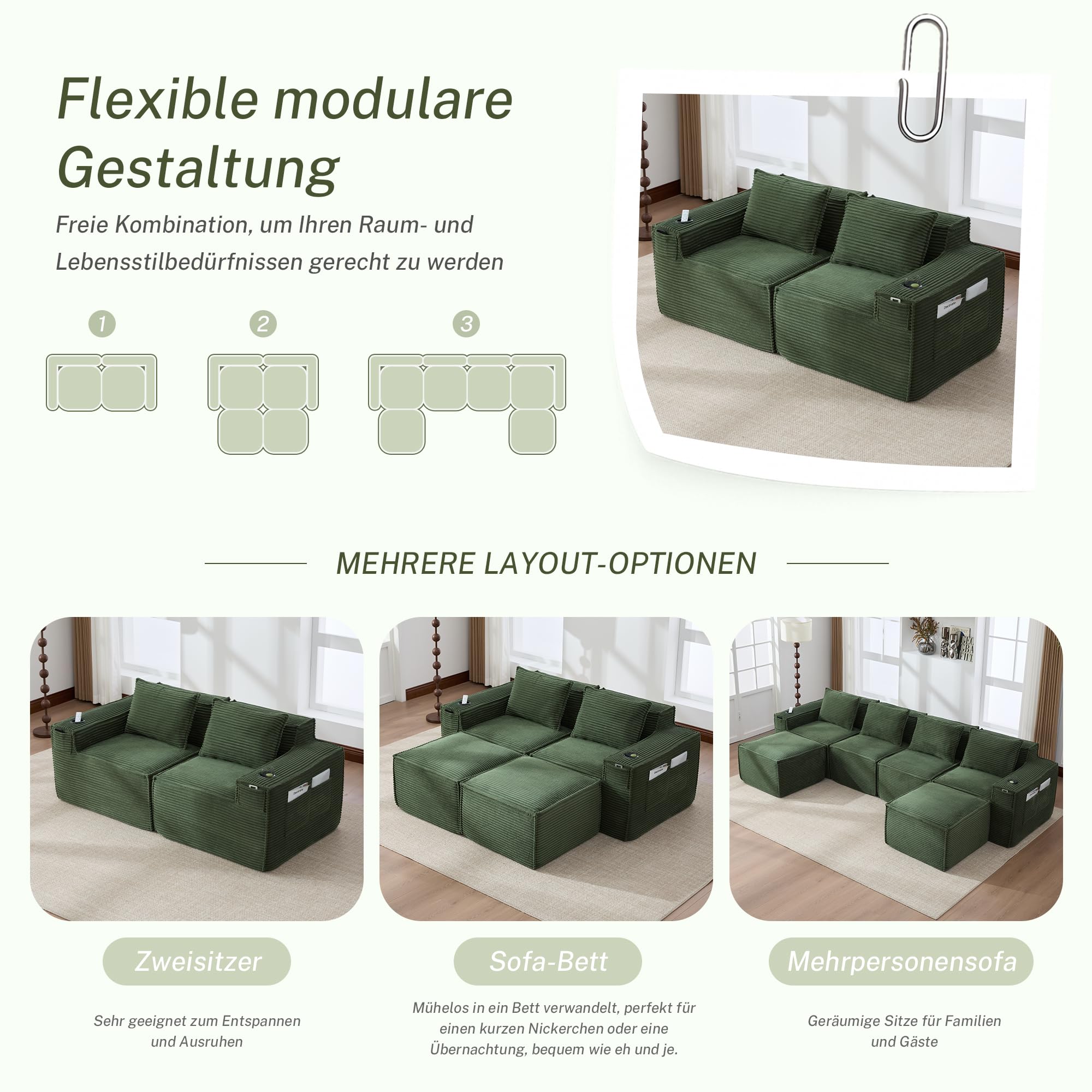 Divano Modulare 2 Posti in Velluto a Coste, Soggiorno, Verde, 188x90x75 cm