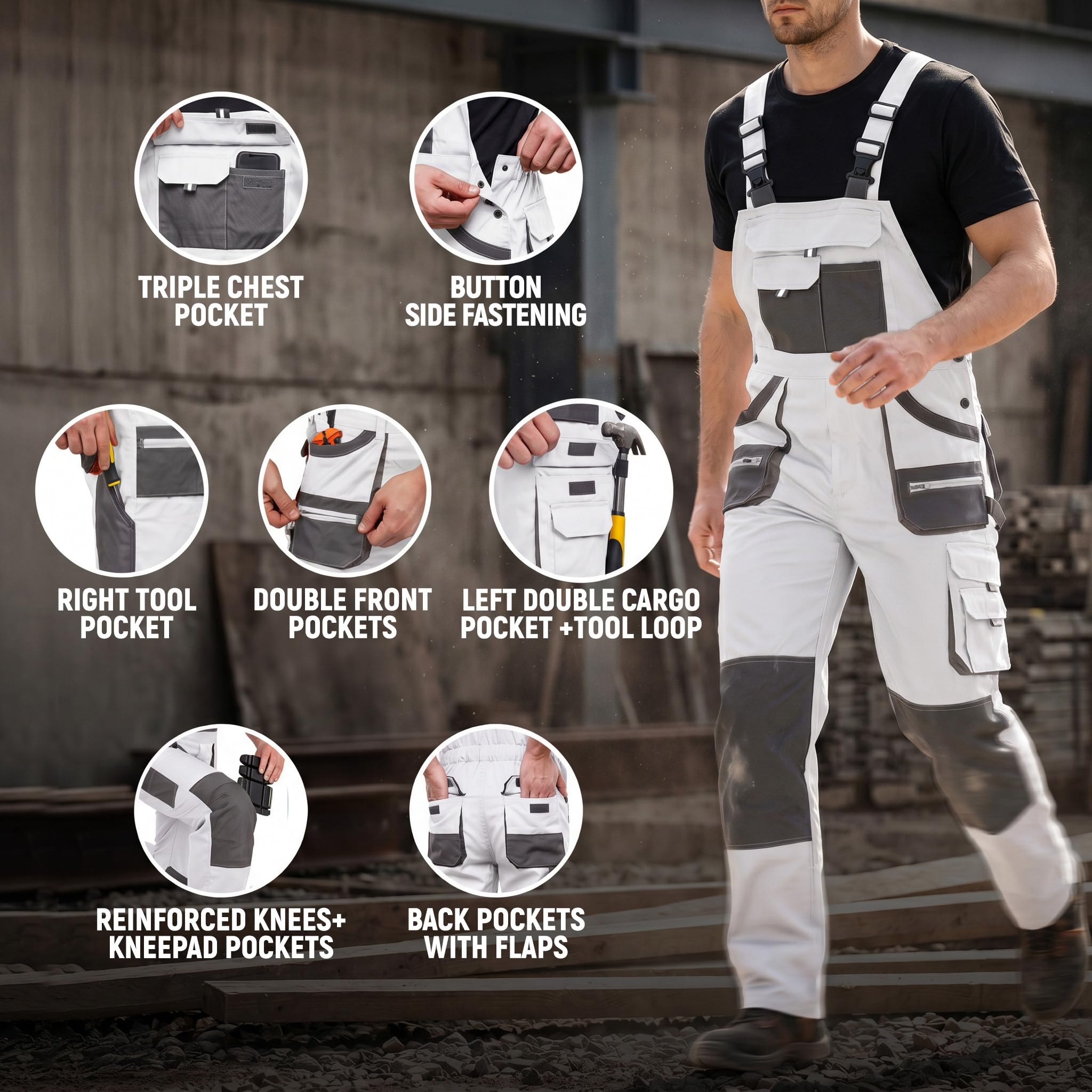 Stenso EM Arbeitshosen Männer - Latzhose Herren Arbeitshose mit Zwei Voluminösen Doppeltaschen, Brusttasche, Cargotasche, Verstärkten Knien, Werkzeugschlaufe - Arbeitslatzhose Herren