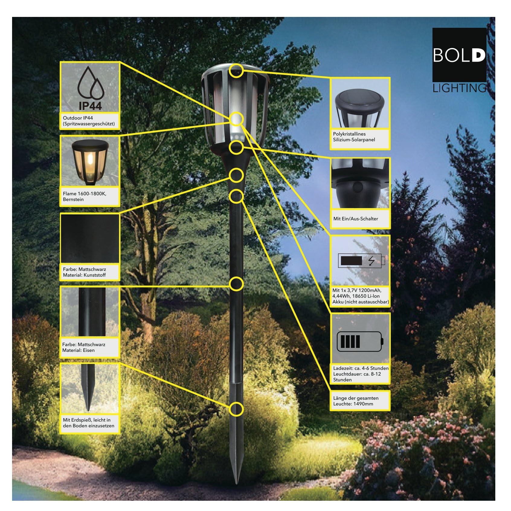 BOLD 2er Set LED Solarfackel mit Flammeneffekt - Garten Fackel Metall 149cm