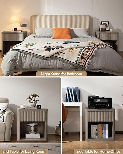 Miniatura 7 de SICOTAS Juego de 2 mesitas de noche con cajón, mesa auxiliar de cama acanalada, mesa auxiliar grande, moderna y ancha, mesita de noche de mediados