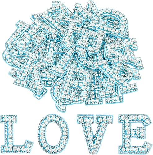 Miniatura 7 de Morcheiong 52 parches de letras con diamantes de imitación de perlas autoadhesivos A-Z, parches de letras de perlas para ropa, tela, mochila (blanco)