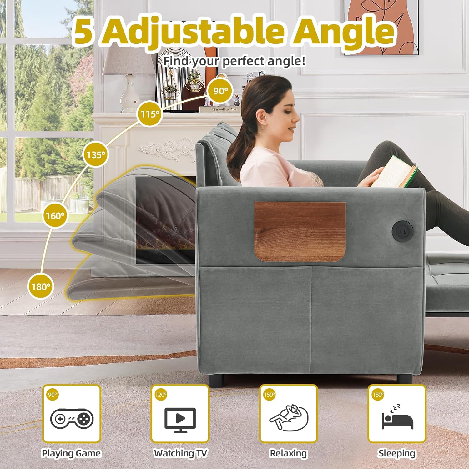 Convertible Sleeper Chair for Adults with Foldable Table, USB Port & Bottom Storage, Single Sleeping Sofa Bed for Living Room, Guest Room, Light Gray