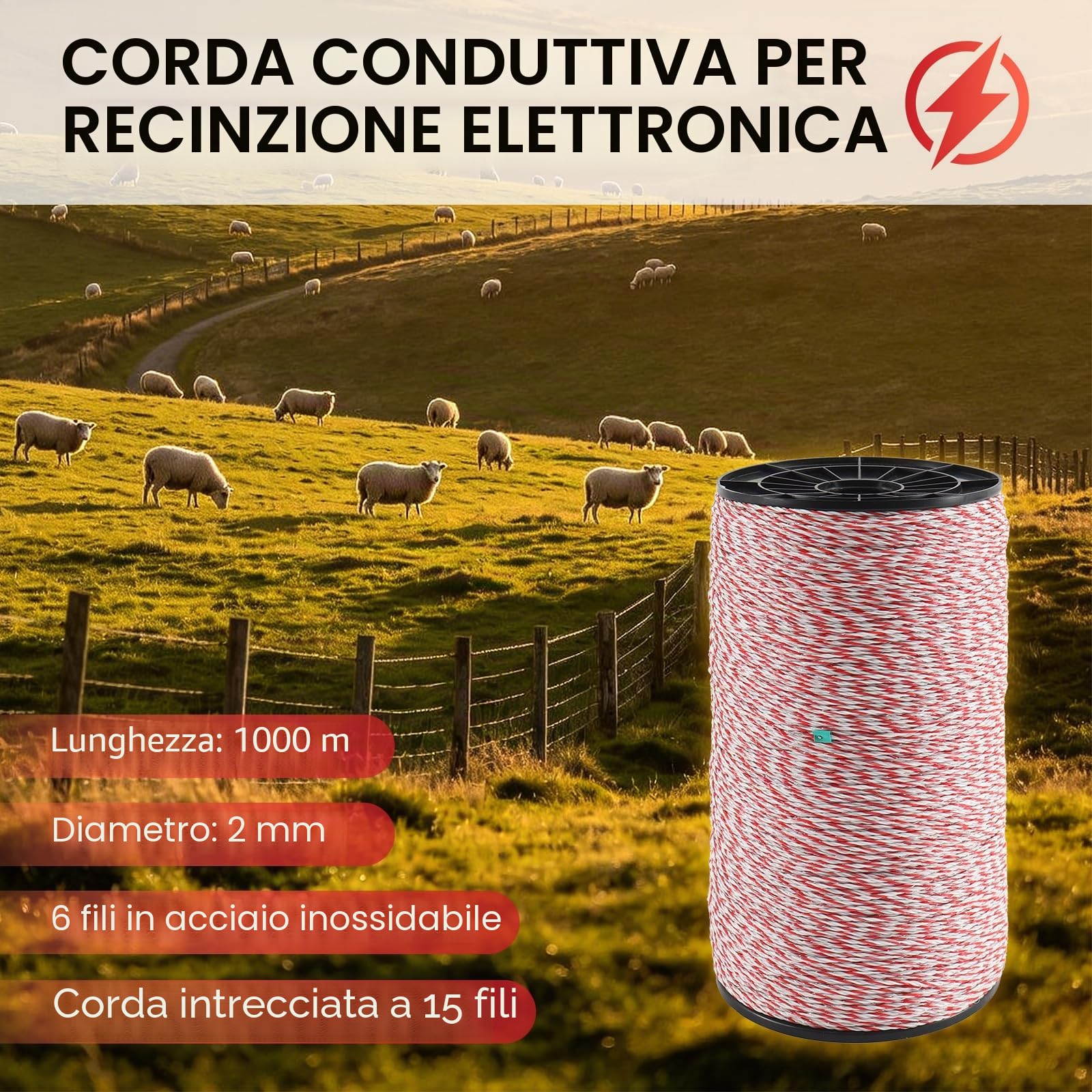 1000M Corda per Recinzioni Elettriche, Recinti Elettrici in Acciaio Inox con 6 Fili Conduttori, Filo Elettrico per Recinti Animali, Elettrificati Recinzioni per Animali Cinghiali Mucche