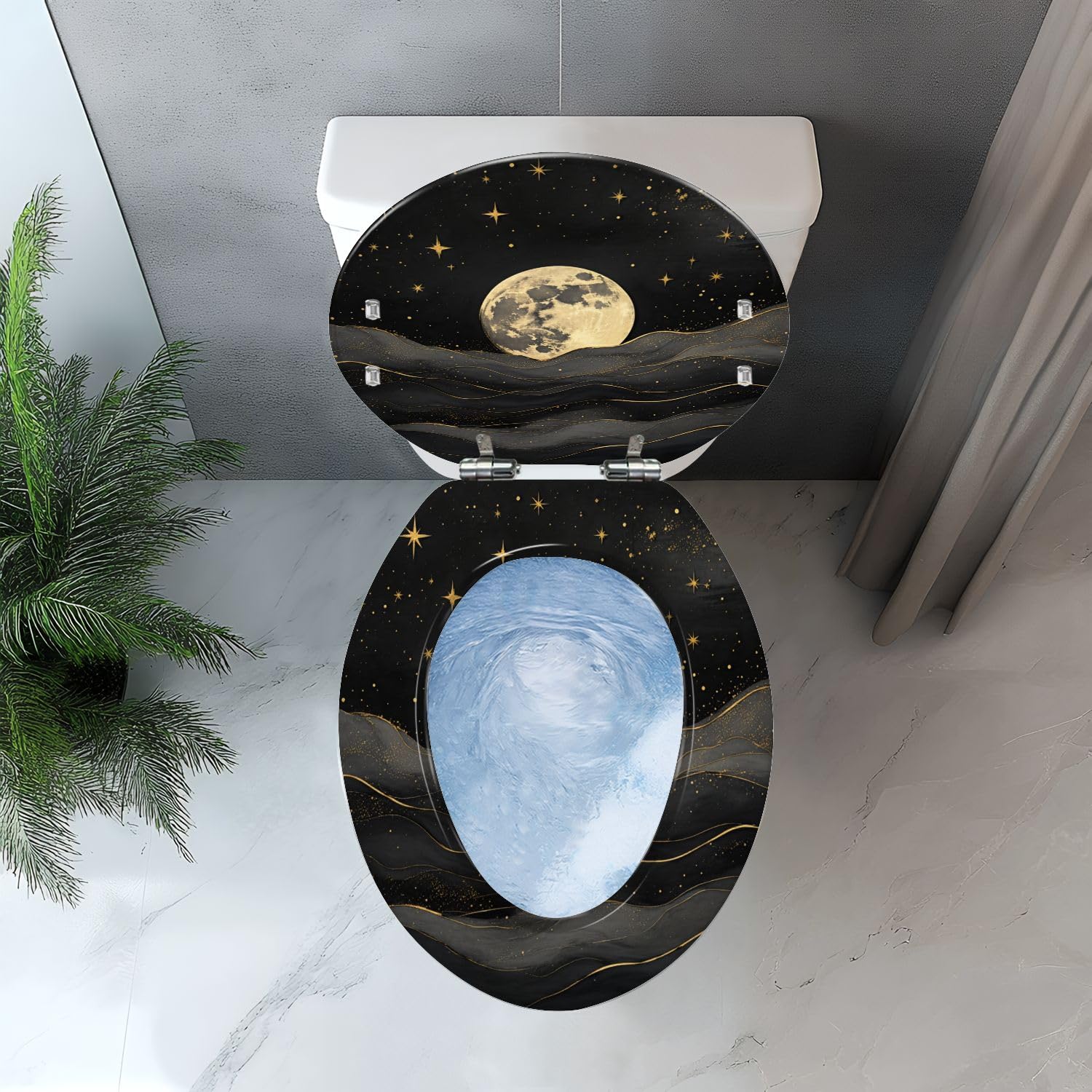 Asiento de inodoro alargado de resina con cierre suave, diseño abstracto de luna dorada, estrellas y cielo oscuro con ondas, bisagras de liberación rápida, tapa decorativa de fácil limpieza e instalac