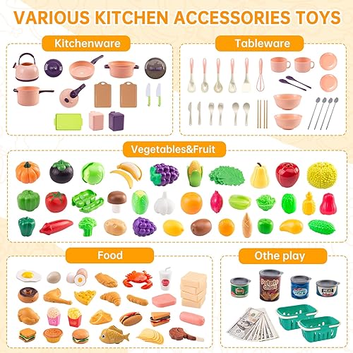 Miniatura 3 de 240 piezas de accesorios de cocina para niños, sartenes de juego, ollas, utensilios de cocina con postres, verduras cortables y juego de barbacoa y