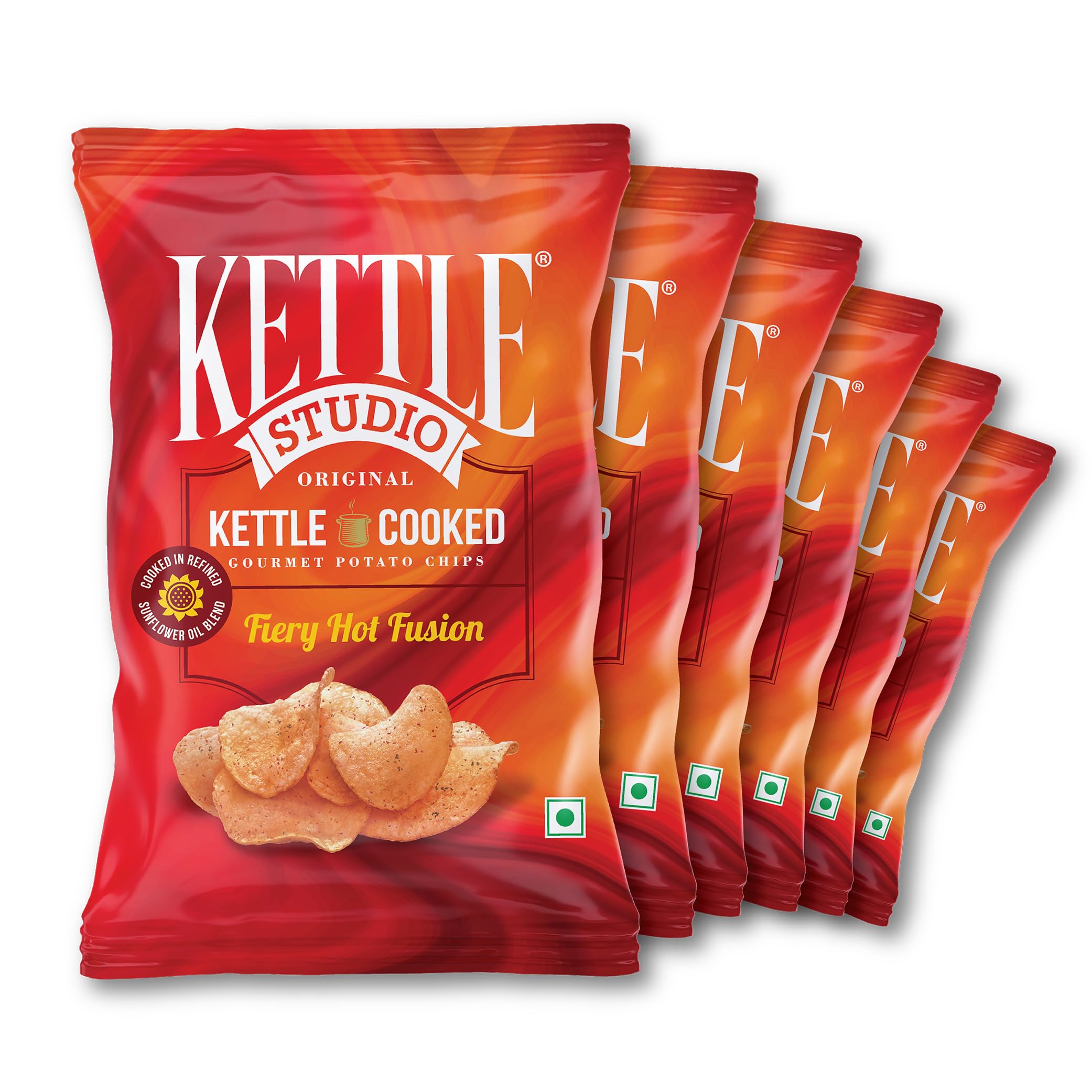 Kettle-Cooked Gourmet Potato Chips Fiery Hot Fusion | Crunchy, Thick-Cut, Gluten-Free | Spicy | Party Snack | 120g Pack of 6