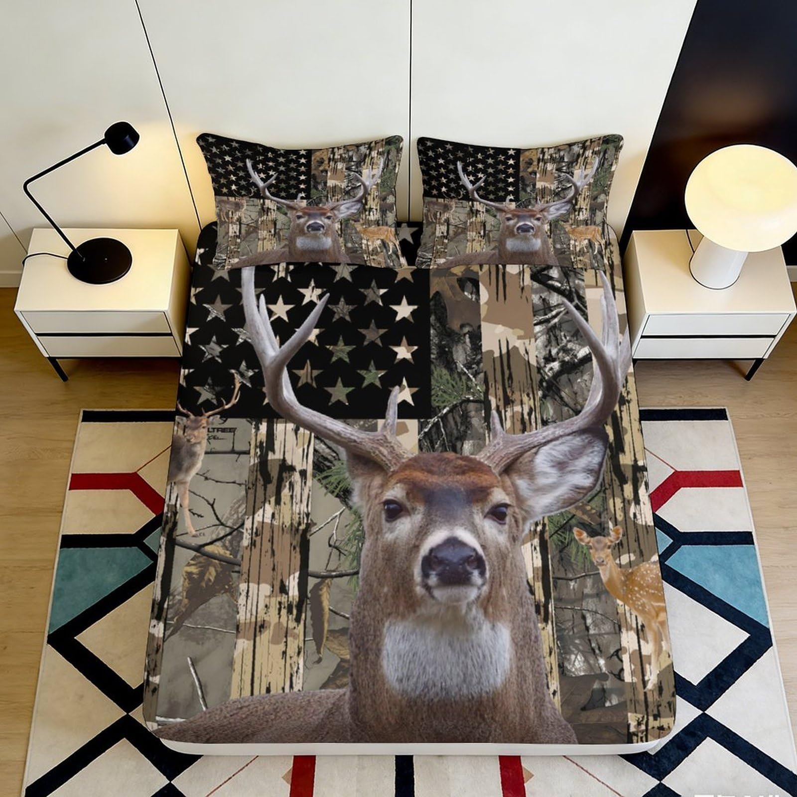 3D Printed Deer Forest Fitted Sheet Microfiber Soft Breathable Camouflage Flag Mattress Cover Bedroom Decor 90x200x25cm