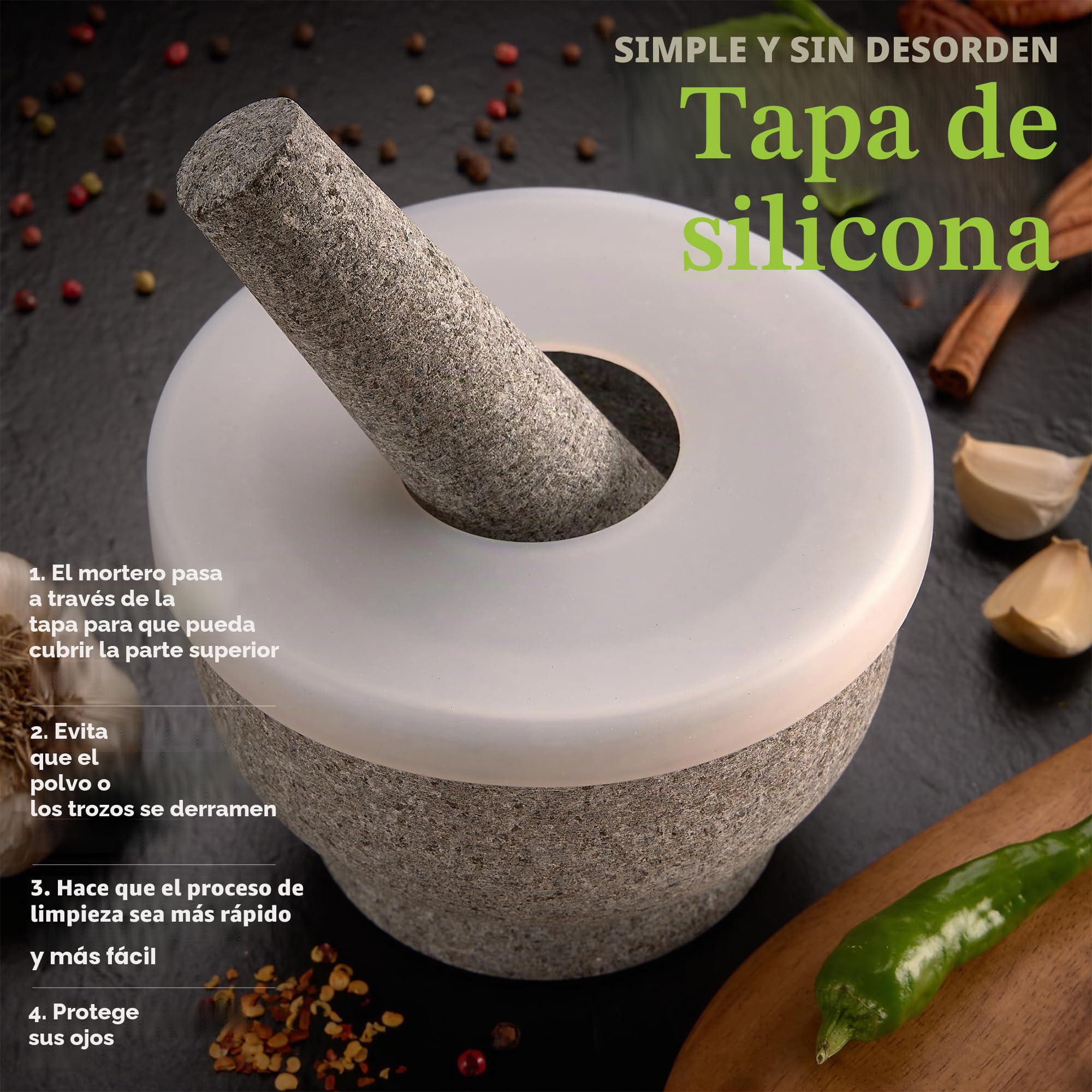 Mortero y mortero de granito de 6 pulgadas, molcajete de granito sin pulir con capacidad para 2 tazas con tapa de silicona, molinillo y triturador para mezclar, mezclar, moler, servir,