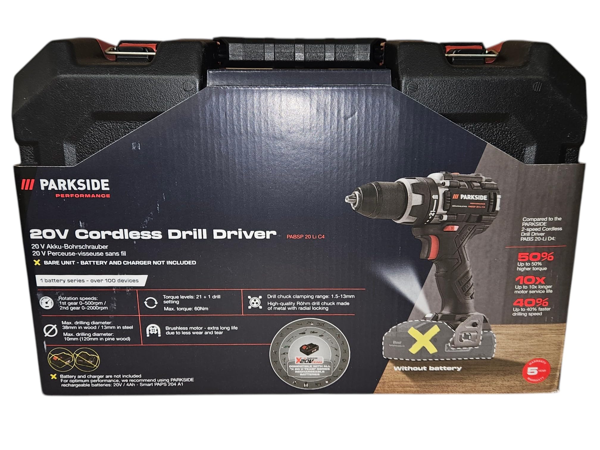 Destornillador inalámbrico PARKSIDE PERFORMANCE PABSP 20 Li X20V, sin escobillas, LED, 60 Nm (en maletín de transporte, sin batería ni cargador)