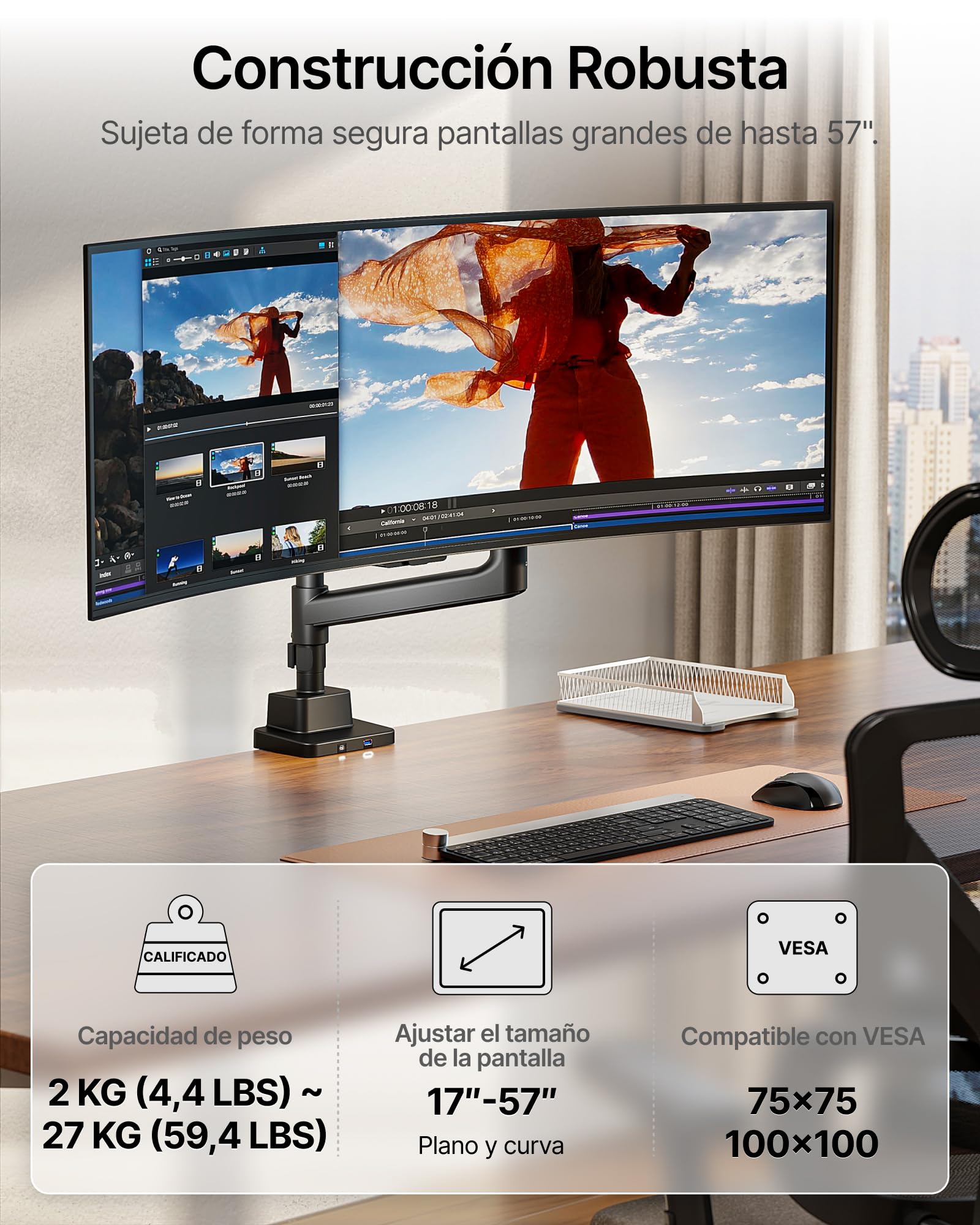 monTEK Soporte Monitor con Poste Alto y USB para 17-57" | Brazo de gas con diseño curvo para escritorios y monitores ultrapanorámicos, compatible con VESA 75x75/100x100, negro.