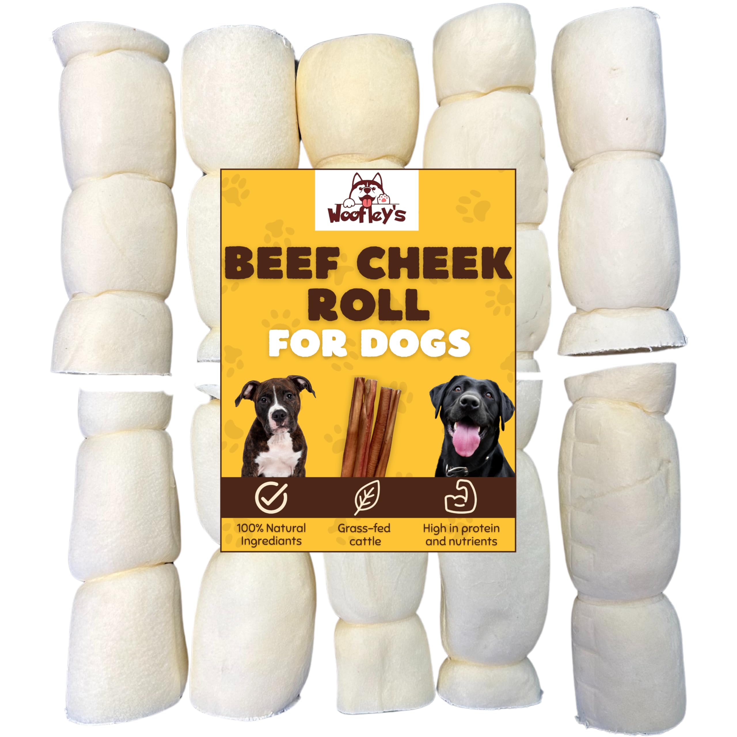 Woofley's 5-6" Buffalo Beef Cheek Roll -(10 Count)- Beef Cheek Rolls for Dogs - Long Lasting Natural Dog Chews