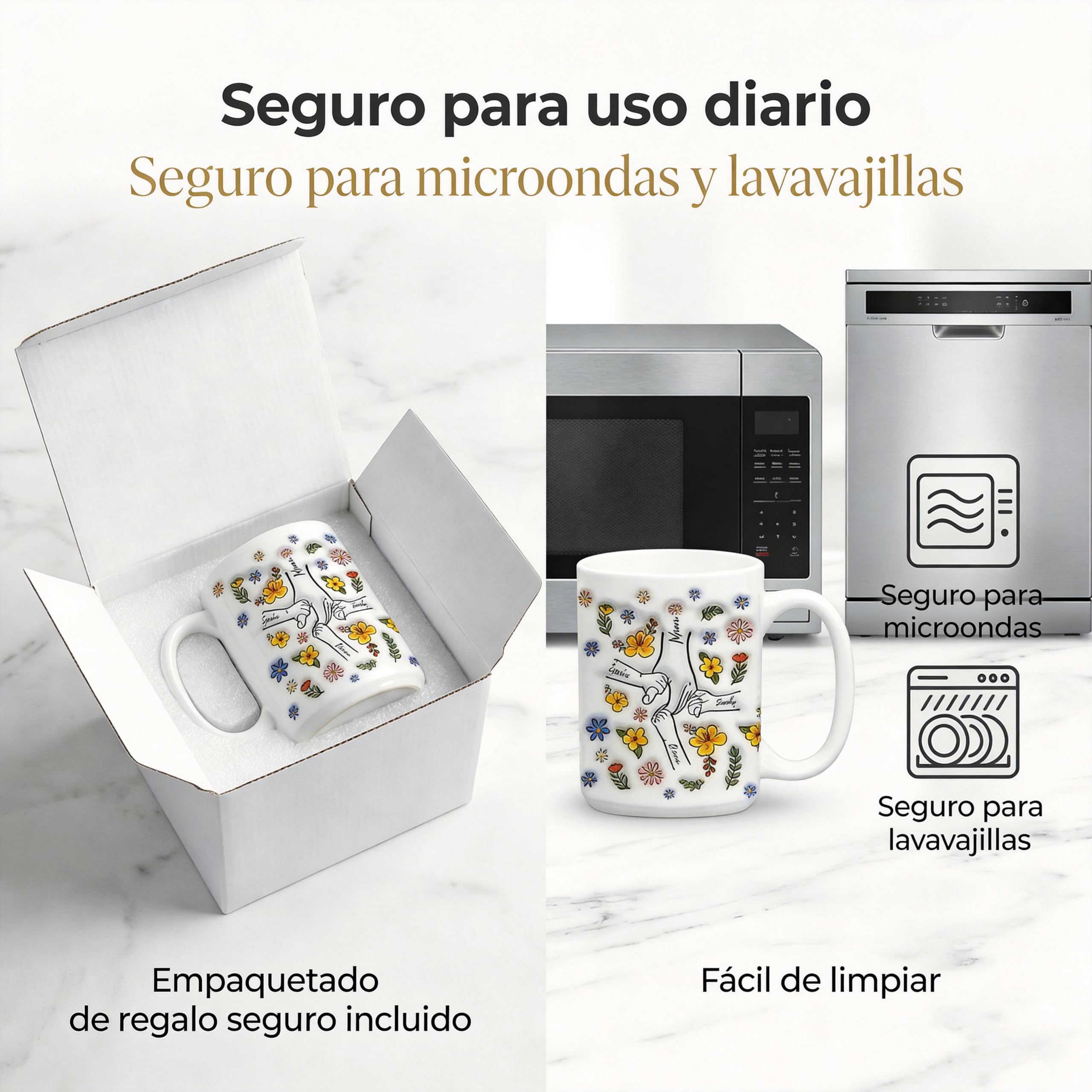 SOUFEEL Taza de abuela personalizada con nieto, abuela, mamá y nietos, flores a mano en mano, regalos personalizados para mamá y abuela, Patrón 3D taza de café, regalo del día de la madre — view 7