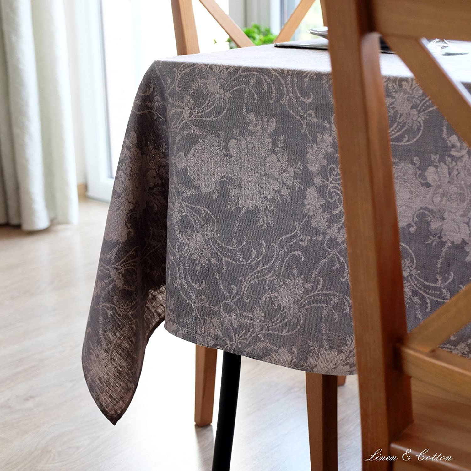 Linen & Cotton Luxus Jacquard Tischdecke Tischtuch Tischwäsche Roseus mit Damast Muster -100% Leinen, Rose/Grau (147 x 220 cm) Lang Festliche Rechteckige Home Küche Dekoration Gastronomie Geburtstag