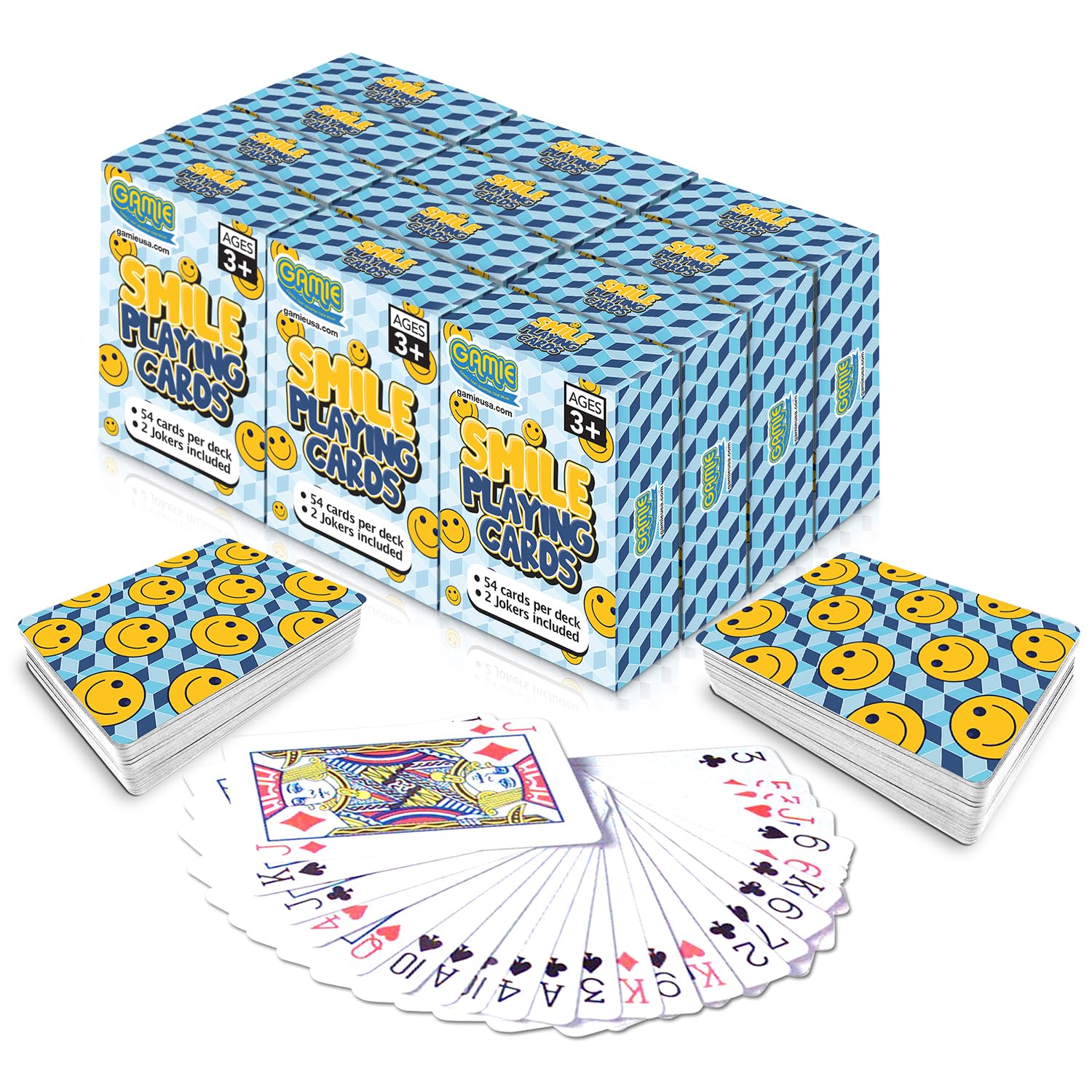 Gamie Mini Smile Playing Cards Deck - Pack of 12-2.5 Inches Tall - Blue Checkerboard Background - Poker-Casino Cards - Carnival Prize, Party Favor and