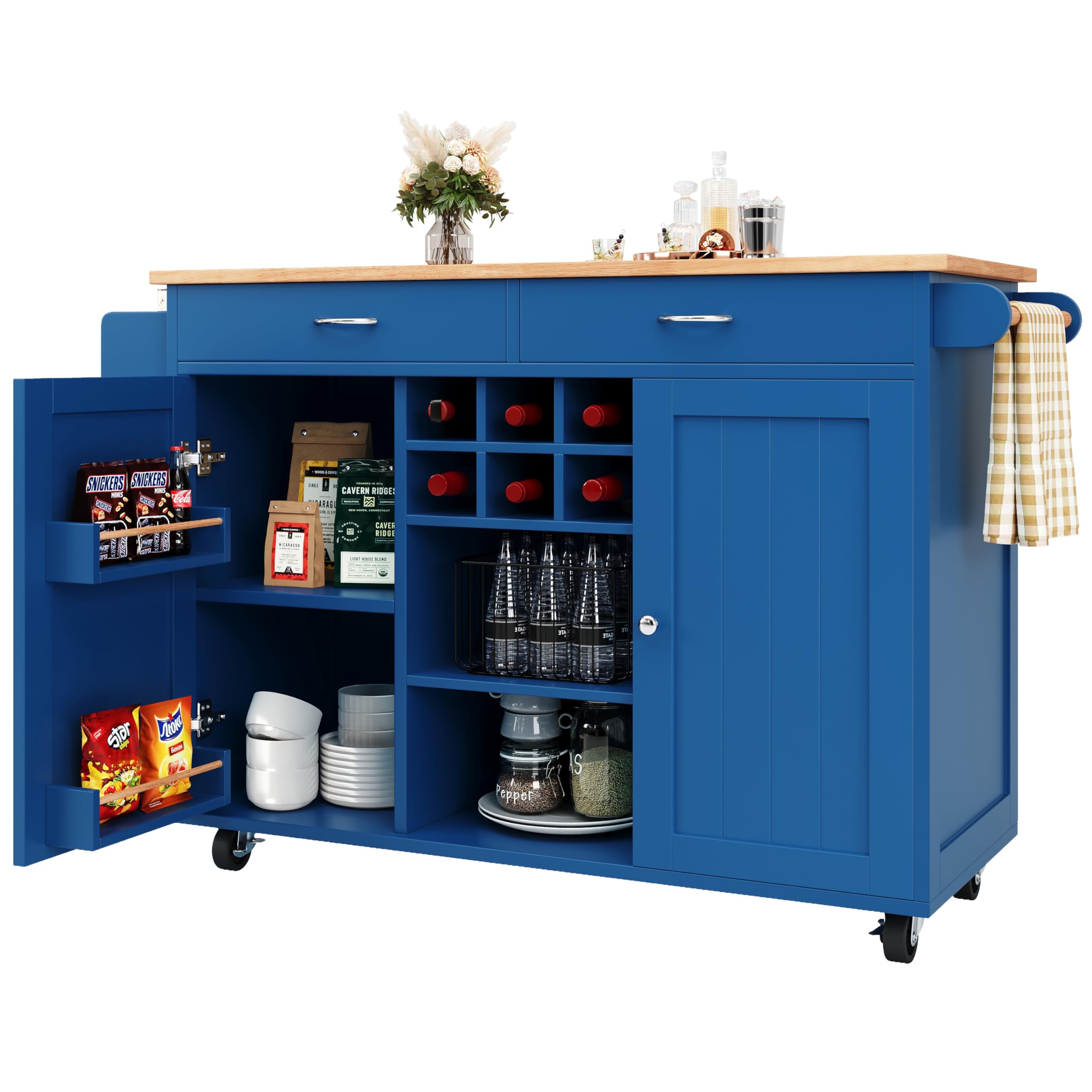 Kücheninsel(102×45×92cm), Küchenschrank, Buffetschrank, Speisewagen mit Holzmaserung, Multifunktionale Esstisch mit Speicherraum, Blau
