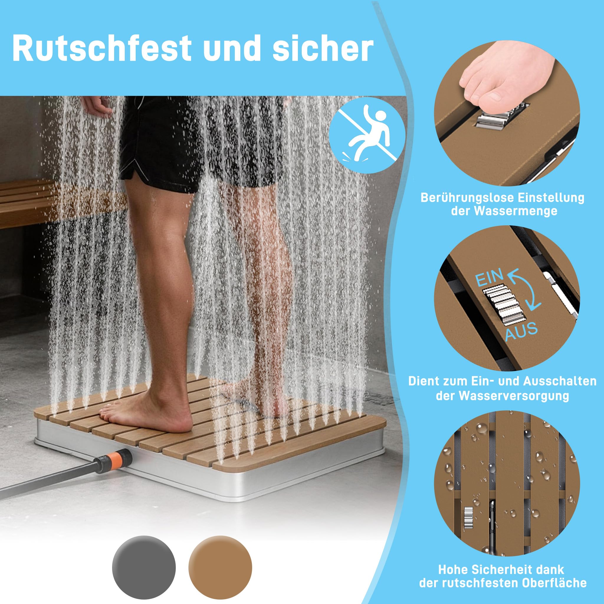 Froadp Gartendusche Campingdusche Aluminium & WPC Bodendusche Holzfarbe Saunadusche mit rutschfeste Standfläche 55x70cm Wetterfest Holzoptik Außendusche für Standard-Gartenschläuche (Rechteckig)
