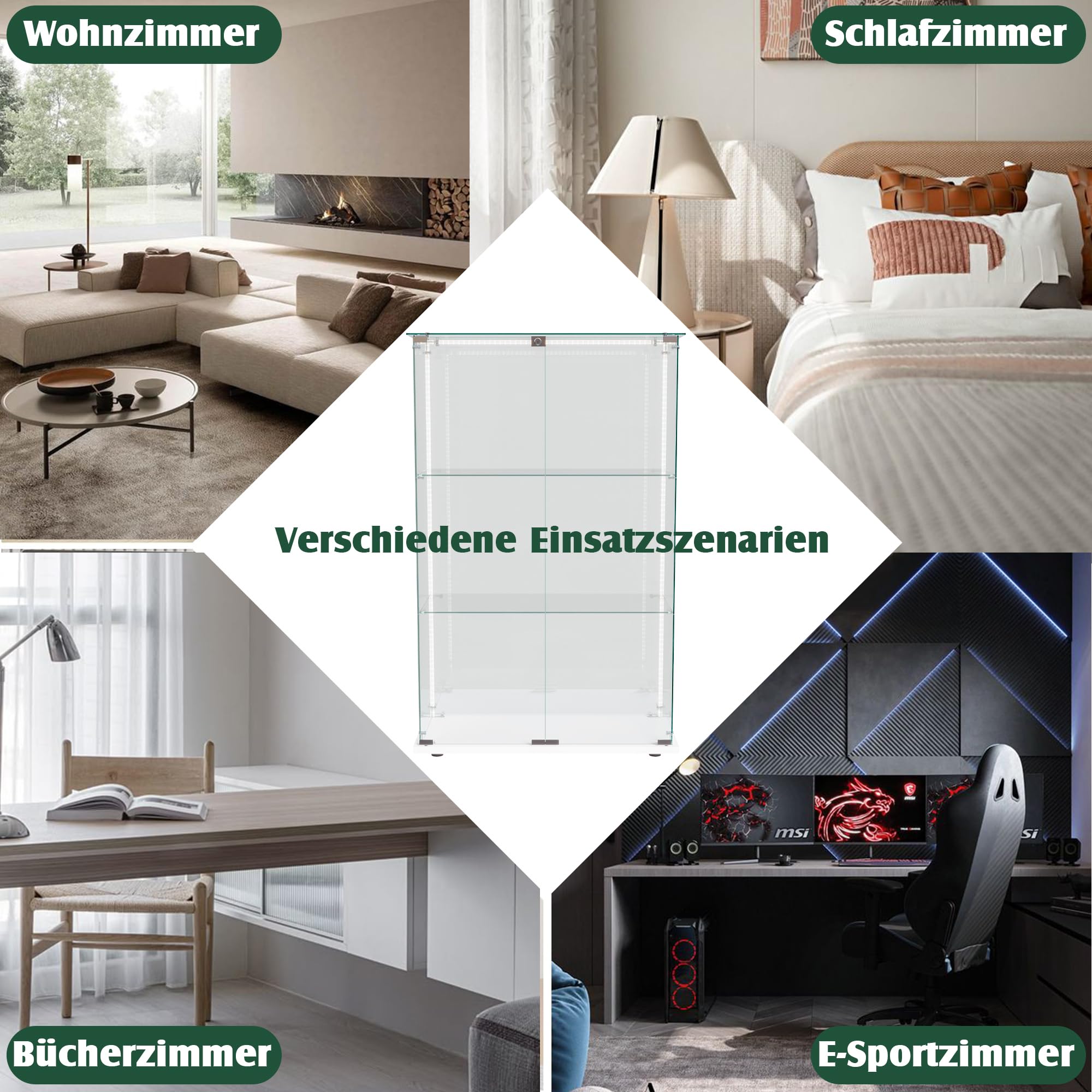 Vitrina de cristal con iluminación LED y puertas de cristal, vitrina coleccionable, para salón, dormitorio, oficina (blanco, 2 puertas, 3 niveles)