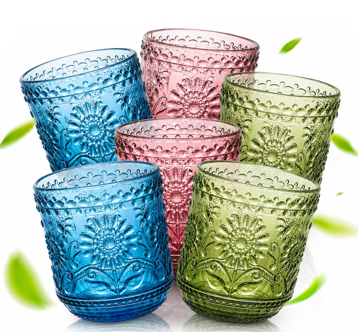 Topsky 6 vasos de cristal de 360 ml de colores | 2 flores en relieve, color rosa, azul y verde, apilables, aptas para lavavajillas, cócteles y zumos