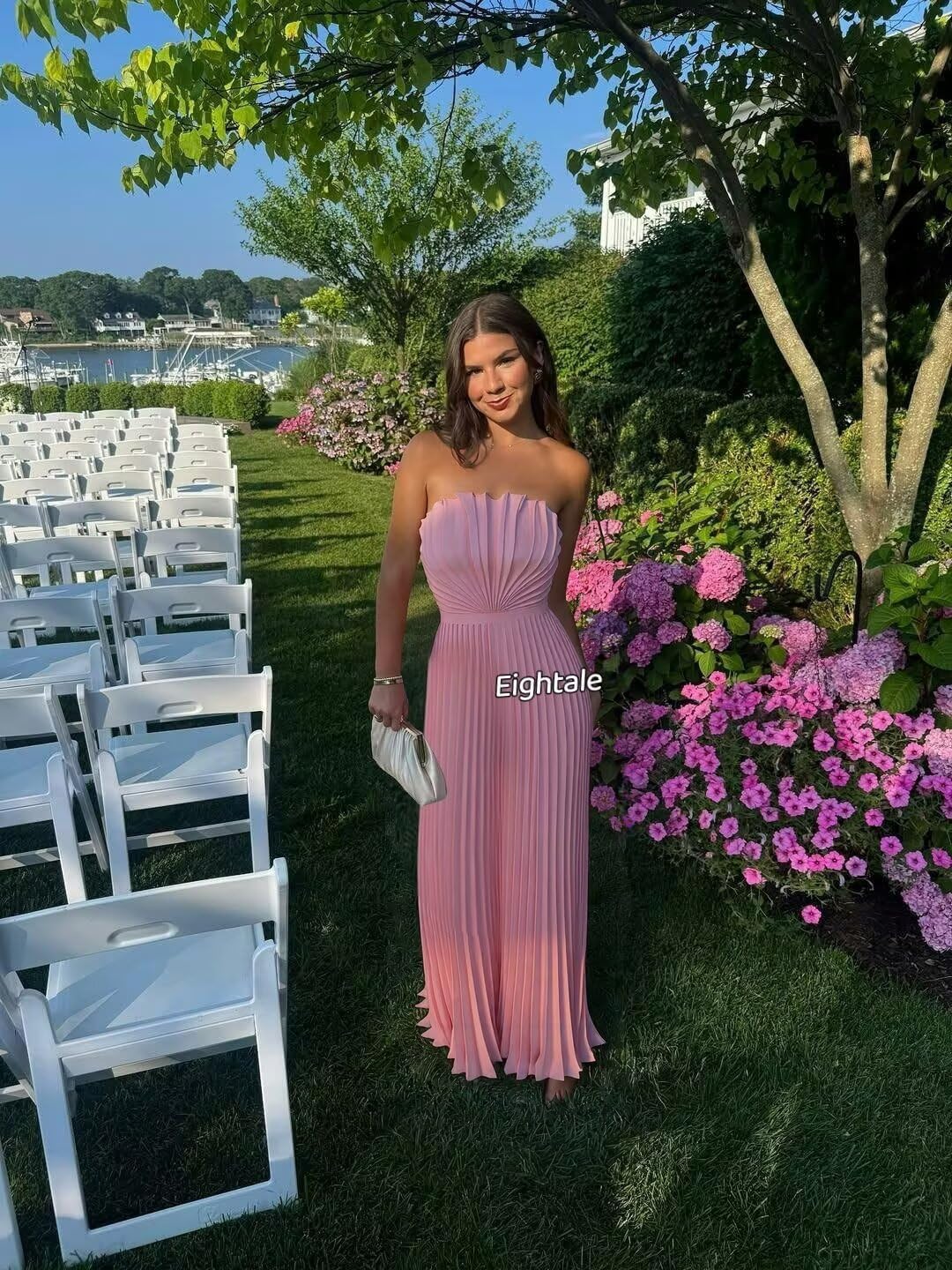 Eightale Strapless Satin Bridesmaid Dress Long Pleated A-Line Formal Evening Party Gown - Image 2