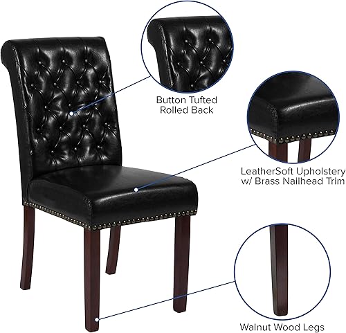 Miniatura 4 de BizChair Silla Parsons LeatherSoft negra con respaldo enrollado y ribete de uñas