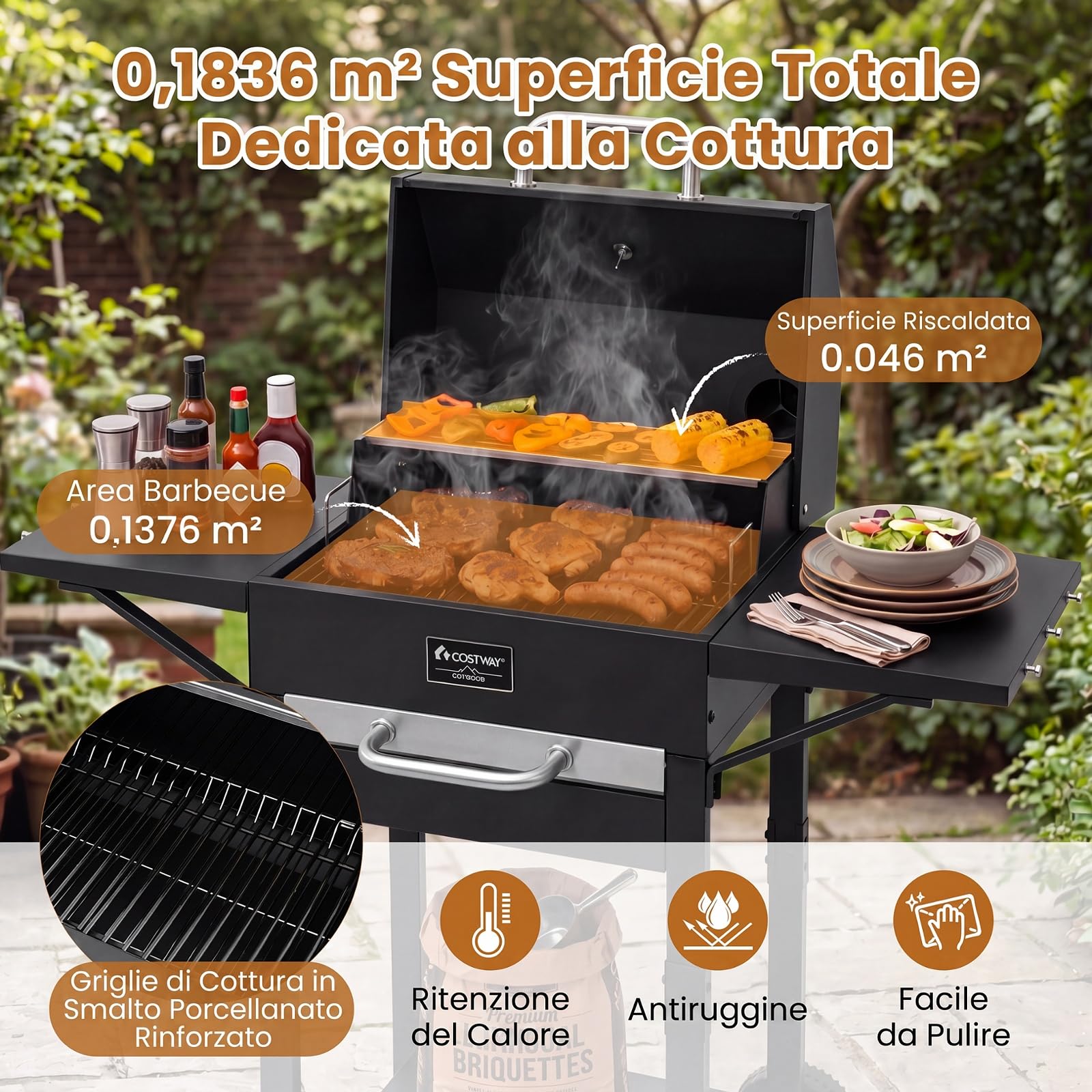 COSTWAY Barbecue a Carbonella con Tavolini Laterali, Forno BBQ con Griglia di Cottura, Termometro e 2 Ruote, Barbecue con Coperchio e Ripiano Aperto per Campeggio e Picnic, 110 x 43 x 105 cm