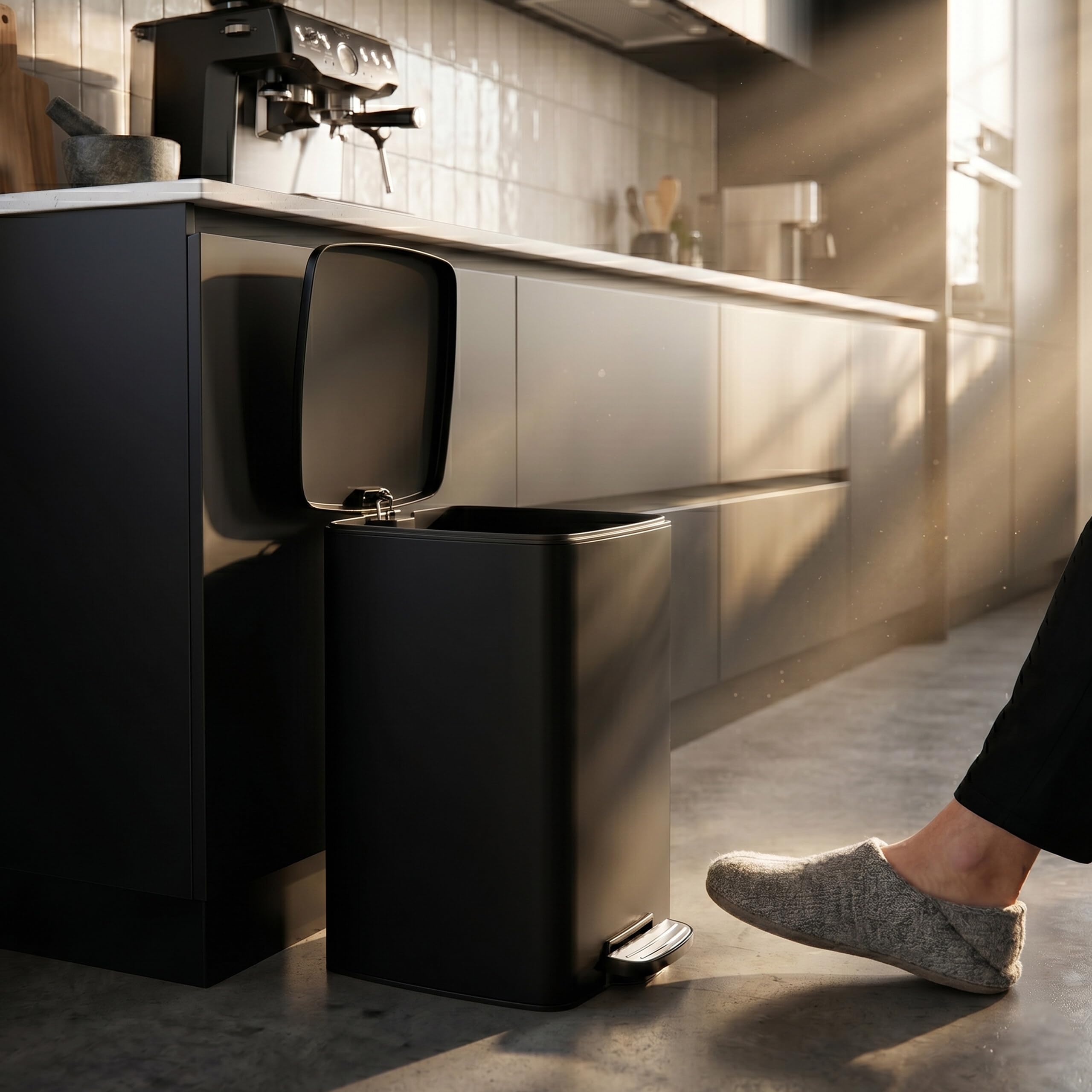 Relaxdays Mülleimer Küche, 30 Liter, Absenkautomatik, schwarz | entnehmbarer Inneneimer, mattes Metall, eckiger Treteimer