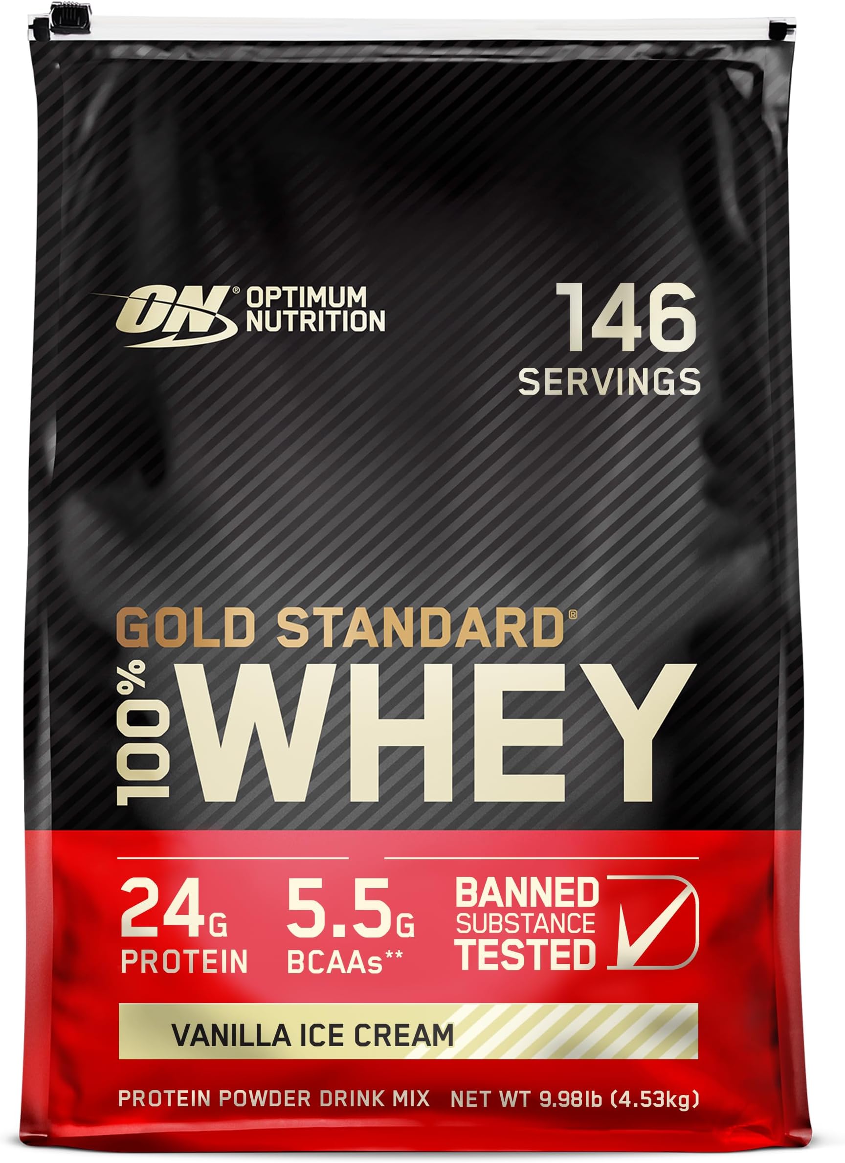 (ON) Gold Standard 100% Whey Protein Powder Primary Source Isolate, 24 Grams of Protein for Muscle Support and Recovery - Vanilla Ice Cream, 10 Lbs, 146 Servings (4.53 KG)
