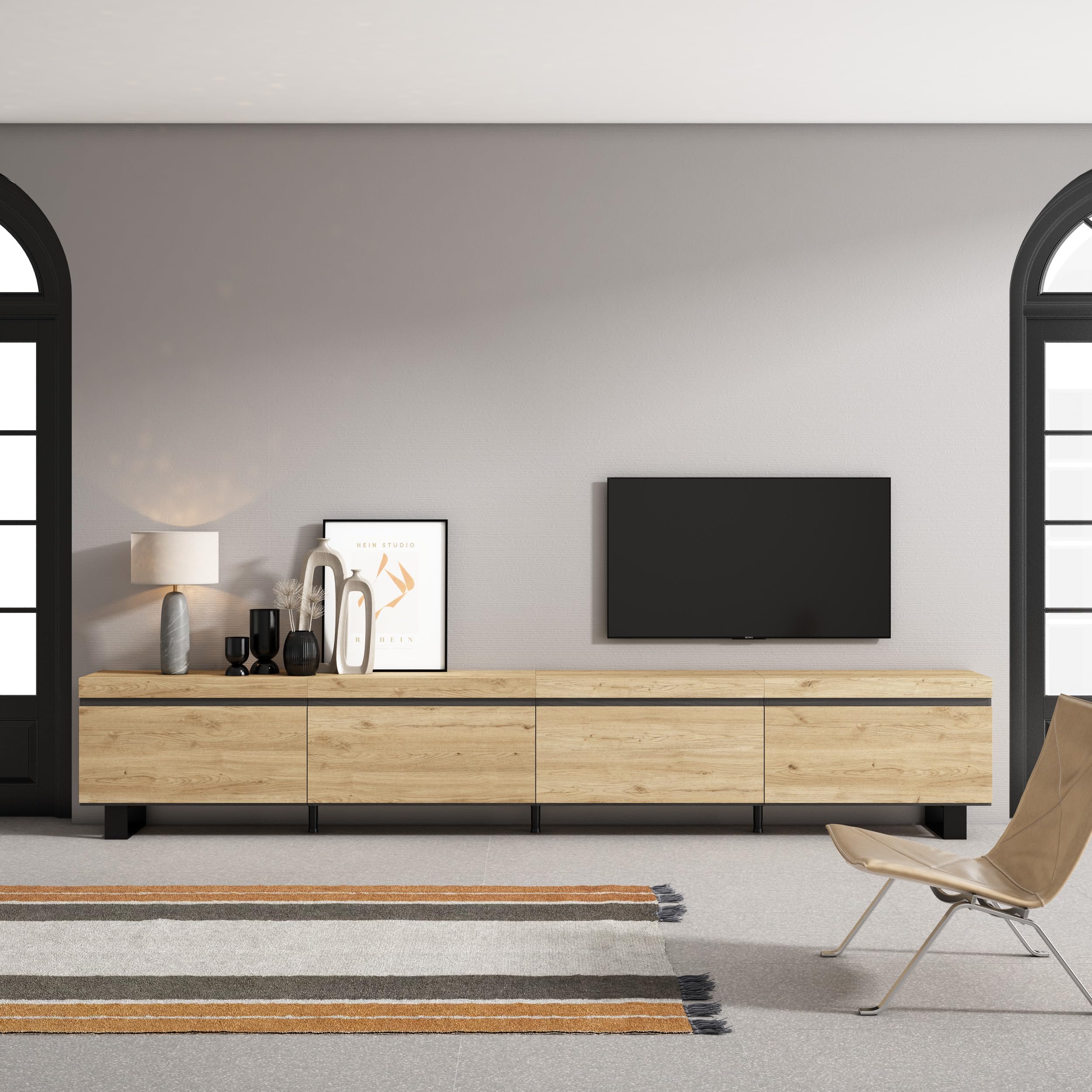 Skraut Home | Mueble TV | Televisión | Muebles de salón, almacenaje | 320x57x35 cm | para TV Gran Formato | Diseño Industrial | Estilo Moderno | Roble