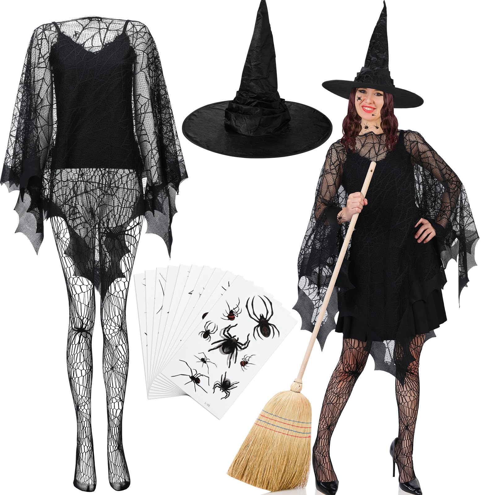 Xtinmee 5 Pack Women Halloween Spider Bat Web Poncho Crooked Witch Hat Spider Web Leggings Temporary Tattoos V Neck Lace Tank Top for Halloween Party Cosplay Costume