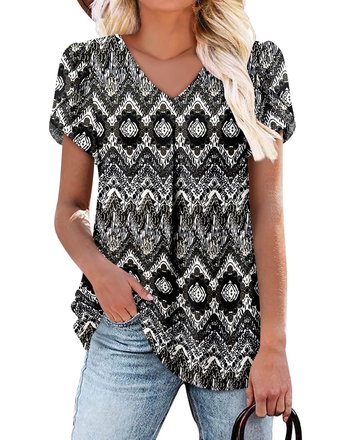 onlypuff Womens Short Sleeve Tunic Tops V Neck T-Shirt Ruffle Fashion Summer Blouse Shirts