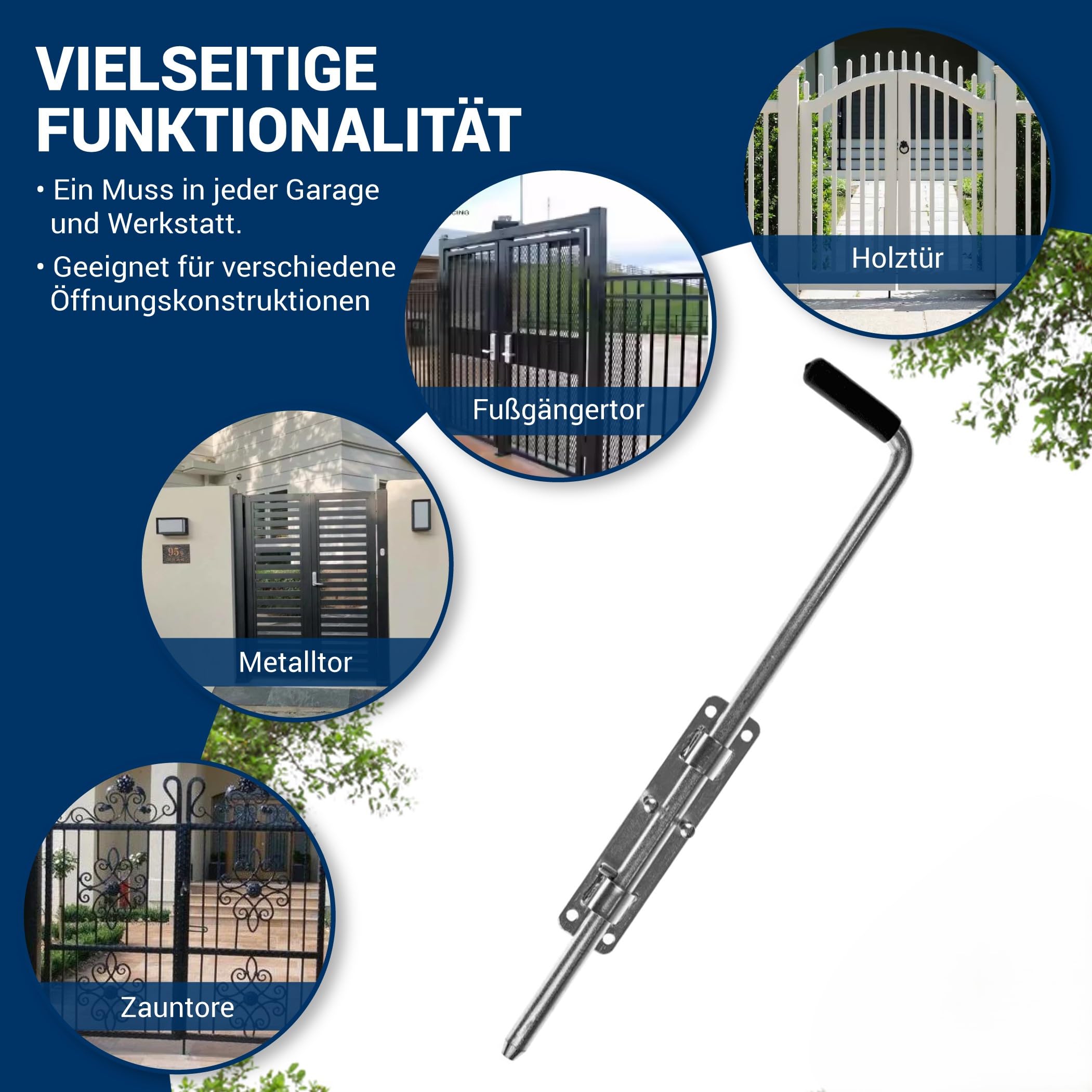 Bolzenriegel 420 mm, verzinkter Stahl – robuster Torriegel für Garten‑ & Hoftore, links - rechts montierbar, inkl. 6 × selbstbohrende Torx‑Schrauben