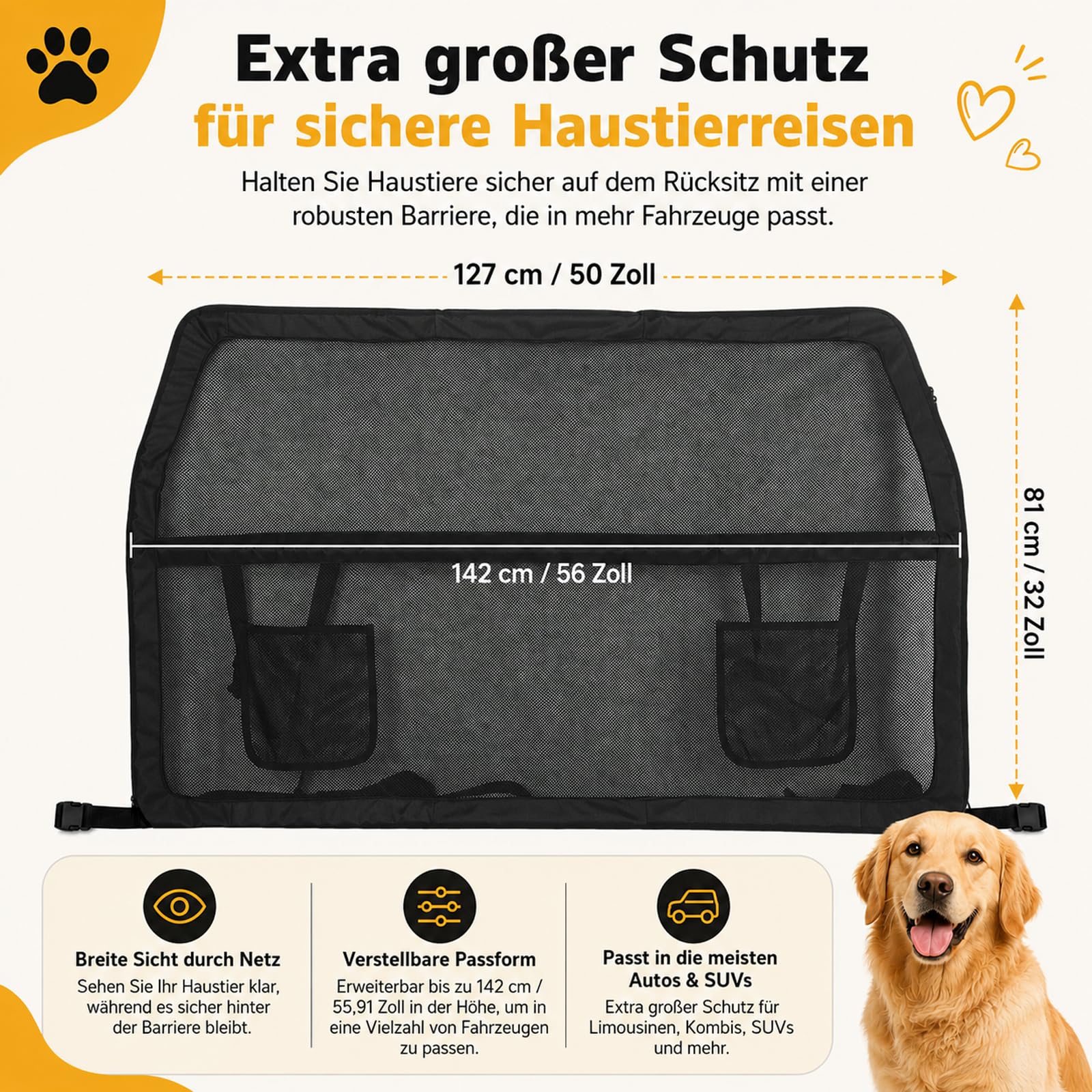 127 x 142 x 81 cm, barrera para perros con marco de metal y red de visión, protección para perros para maletero y asiento trasero con mayor cobertura, universal, para SUV, camiones, vehículos