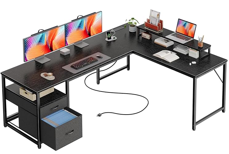 PRAISUN 63 Inch L Shaped Desk with Power Outlets and USB-C Port, Computer Corner Home Office Desk with File Fabric Drawers and Movable Monitor Stand, Larger Storage, Gaming, Writing, Work, Black - Black