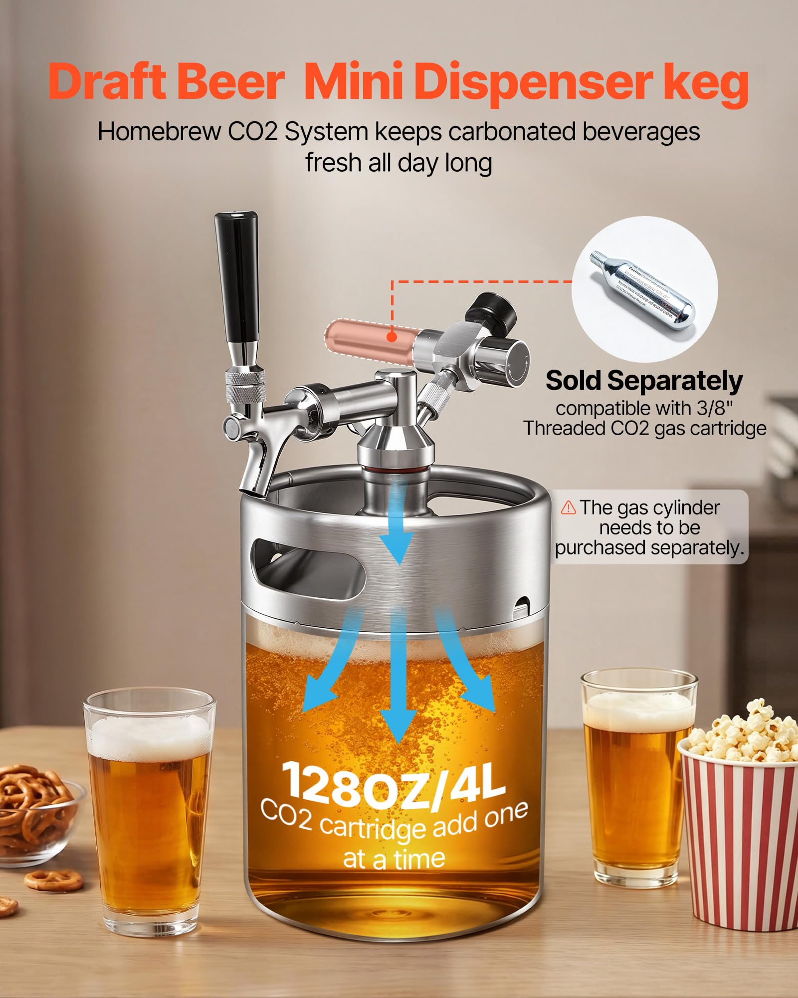 VEVOR Mini Barril Dispensador de Cerveza de 4 L de Acero Inoxidable 304, Con Regulador de CO₂ y Grifo de Cierre Automático, Compatible con Cartuchos de CO₂ de 16 g (No Incluido), Para Fiesta, Hogar
