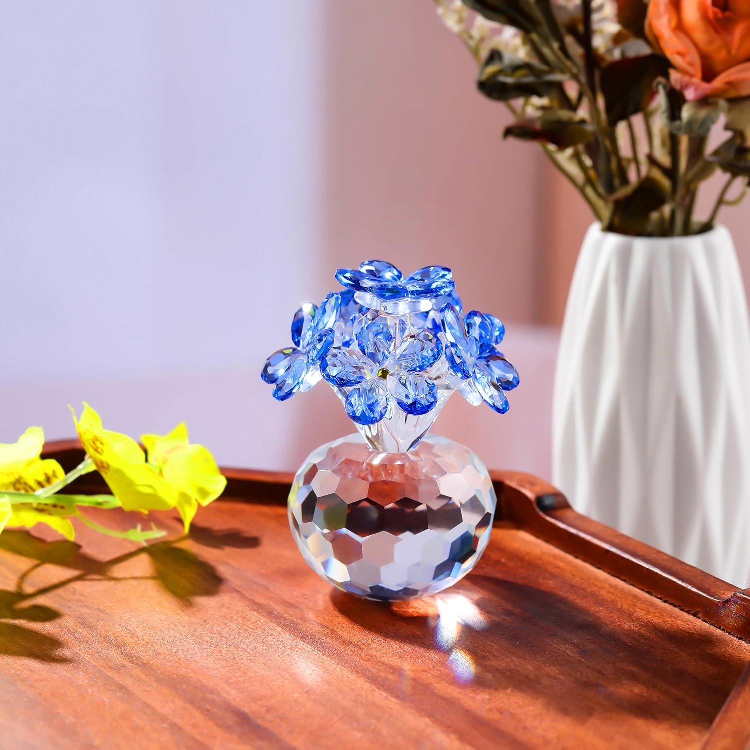 Qianwei Blue Crystal Flowers Figurine - Forget Me Not Gifts Sympathy Glass Flowers Collectible Figurines Decor Paperweight Ornament Home Office Table Desk Decorations - Image 2