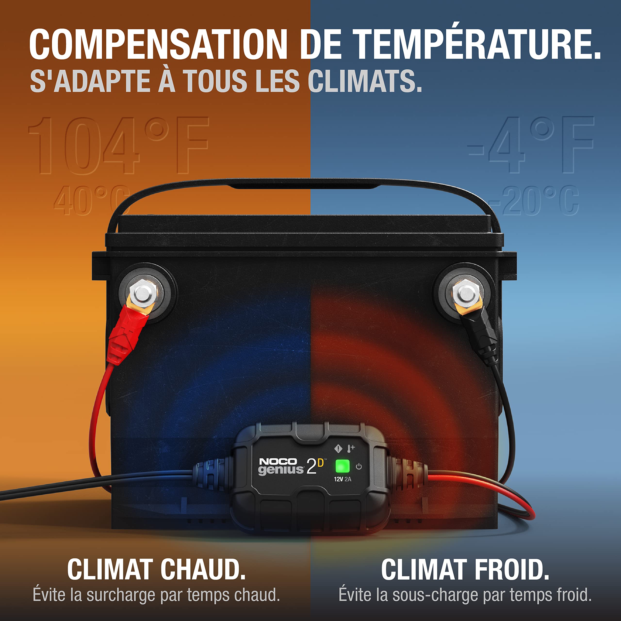 NOCO GENIUS2D : Chargeur de Batterie Intelligent 12V 2A – Installation Fixe, Maintien Automatique, Charge Lente & Désulfateur – Protection Surcharge & Compensation Température – pour Batteries Plomb
