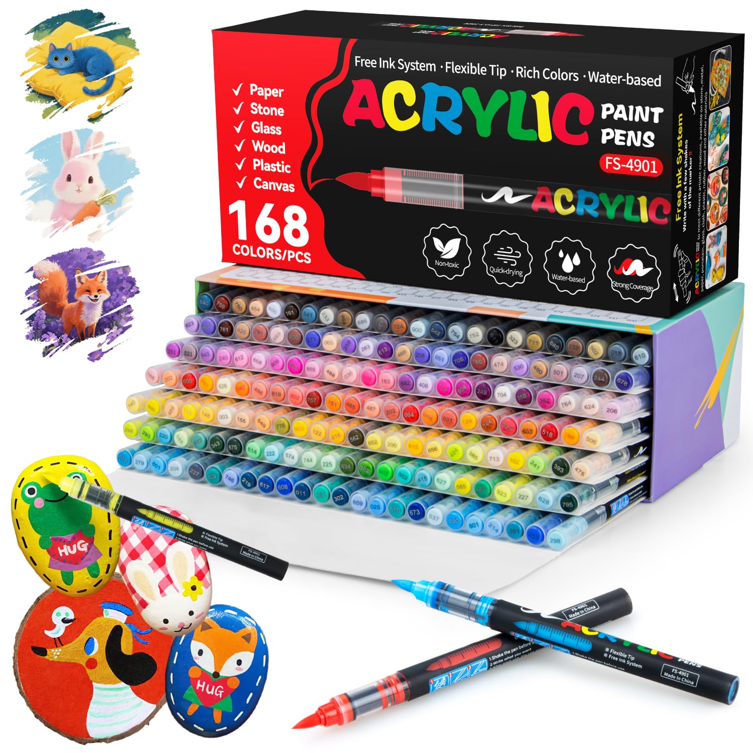 snookids Juego de 168 rotuladores acrílicos para piedras, vidrio, lienzo, cerámica, madera y papel, diferentes superficies, ideal para dibujar y proyectos de manualidades