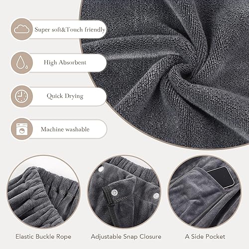 Miniatura 3 de SINLAND Toallas de baño de microfibra ligeras hasta la rodilla para mujer, con cierre ajustable, 28 x 54 pulgadas, color gris