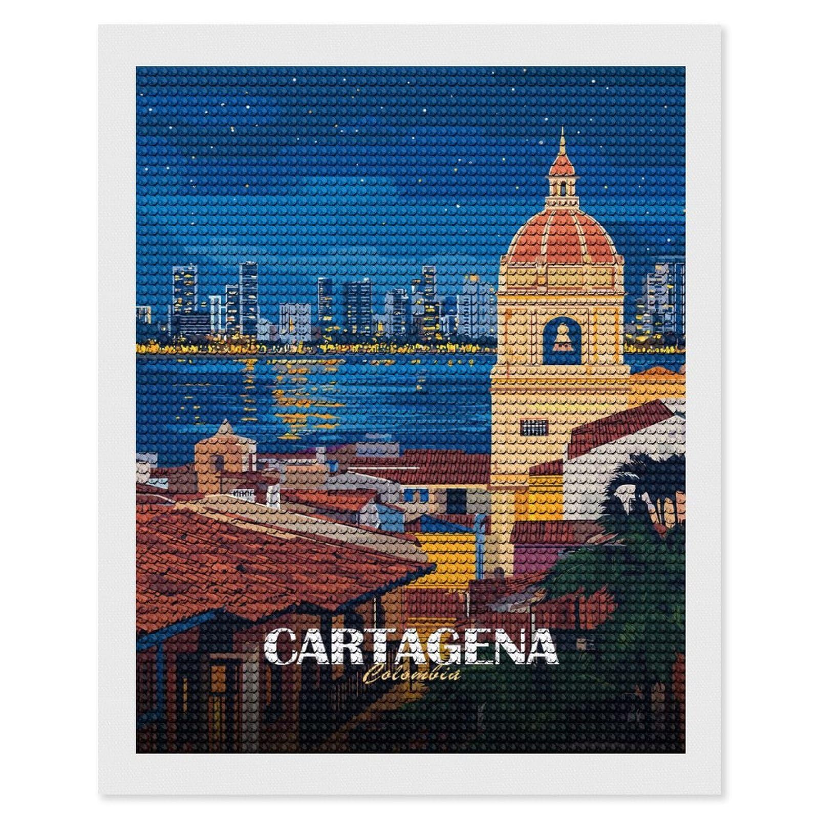 Junmoney Cartagena Colombia Cityscape at Night Diamond Art Kit 16"x20", Vintage Style Decor, Stress Relief Craft, Decor Project, Relaxing DIY, Creative Hobby