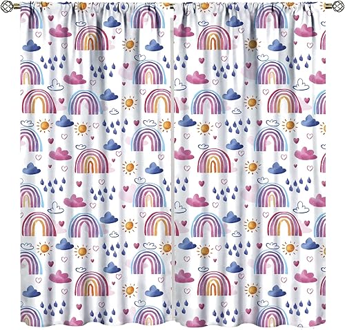 Cortinas opacas bohemias con diseño de arco iris, bolsillo para barra, bonitas estrellas de nube coloridas de dibujos animados para niñas,